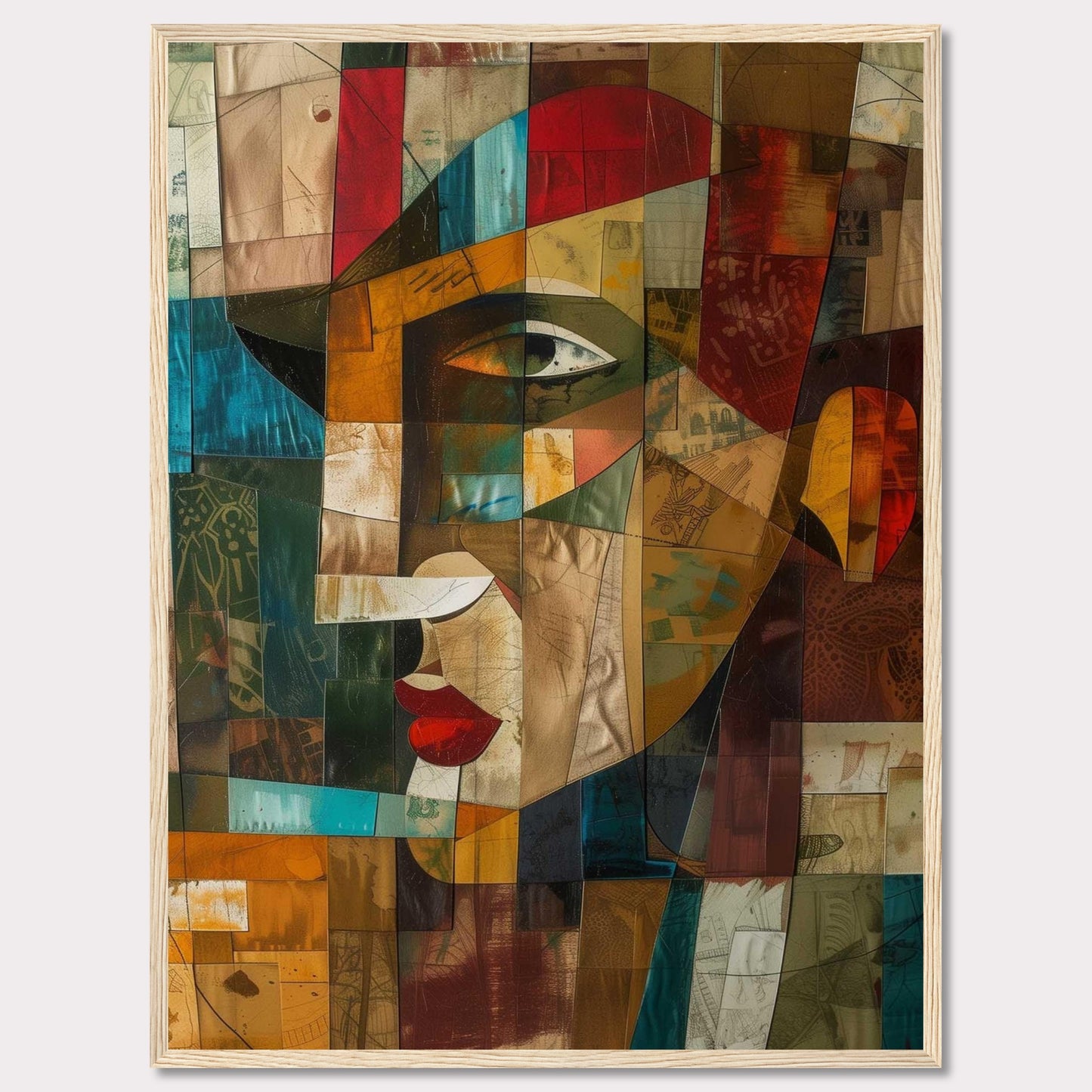 This captivating artwork features a cubist-style portrait, blending vibrant colors and geometric shapes to create a striking visual. The image showcases an abstract face with prominent red lips, a sharp nose, and expressive eyes.