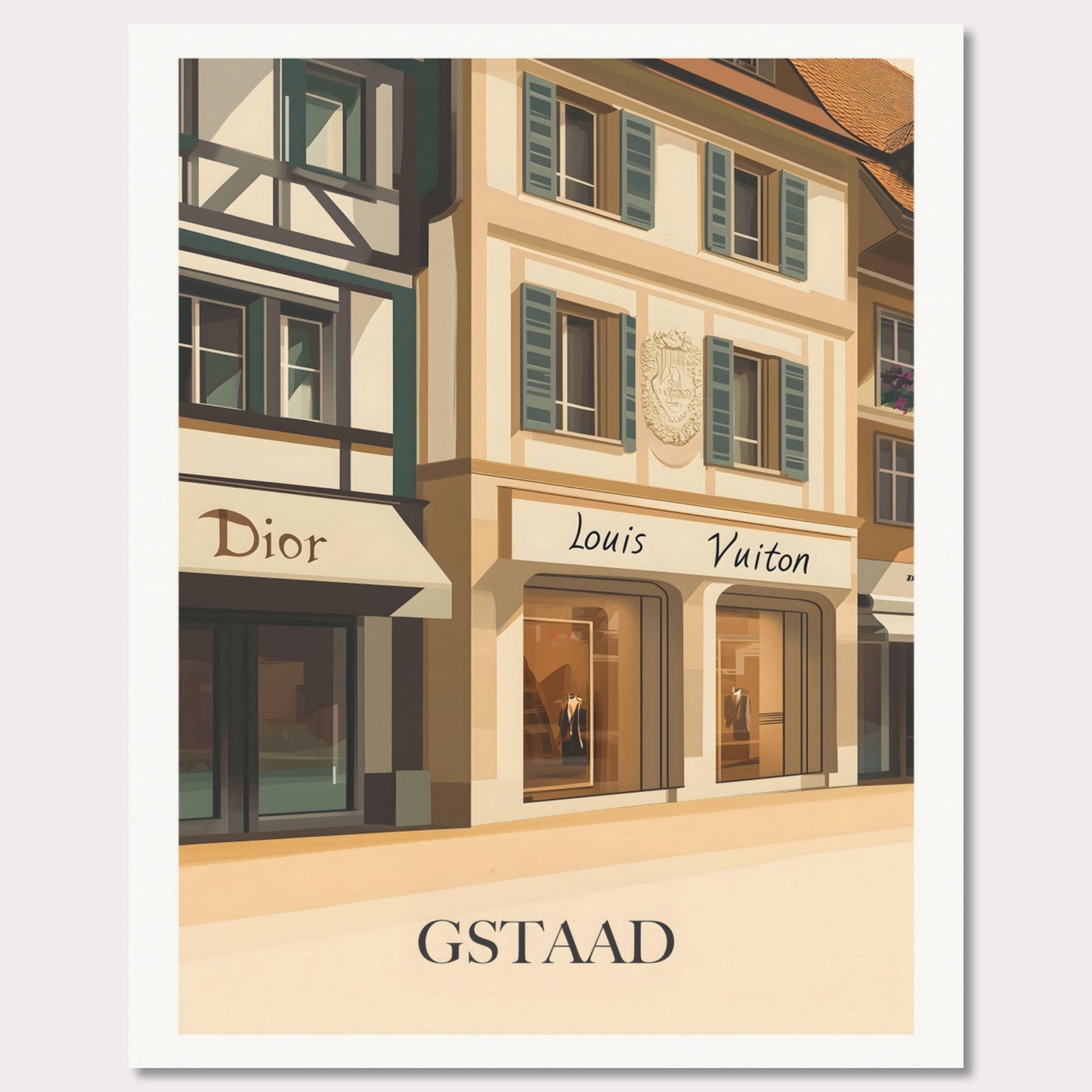 A beautifully illustrated poster showcasing Gstaad’s world-class shopping scene. The charming facades of Dior and Louis Vuitton boutiques reflect the town’s upscale ambiance.