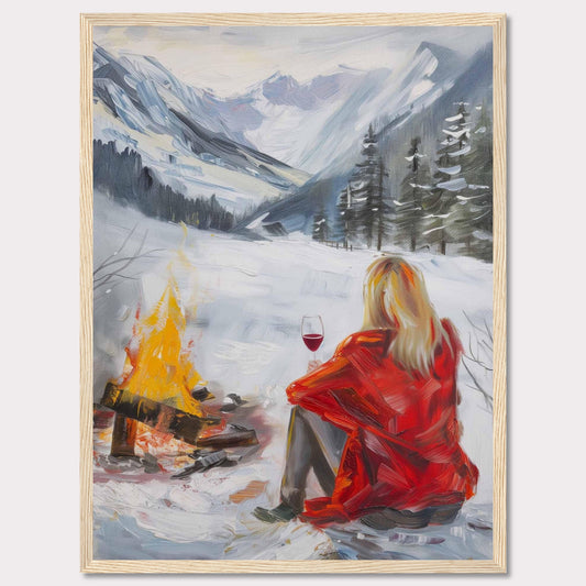 This painting captures a serene winter scene where a person in a red coat sits by a campfire, enjoying a glass of wine amidst a snowy landscape. The backdrop features majestic snow-covered mountains and evergreen trees.