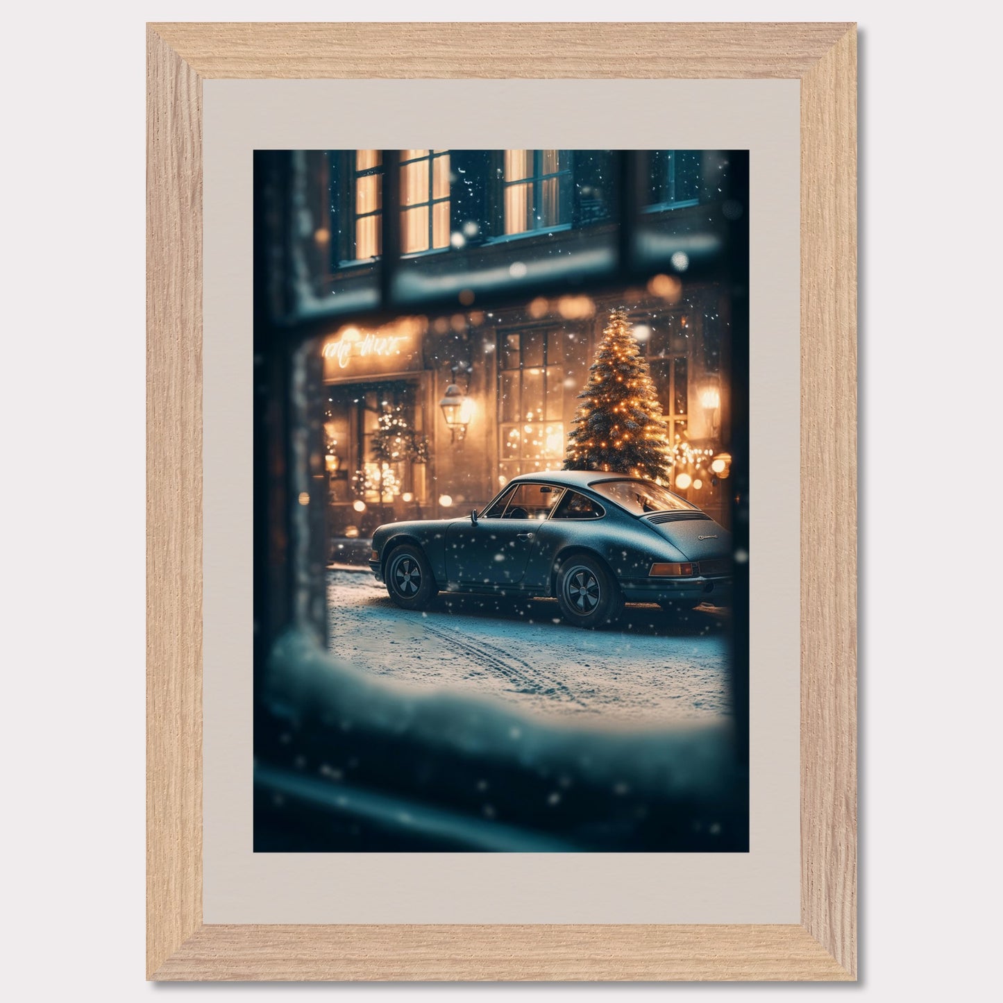 This cozy holiday poster captures a snowy Christmas evening, viewed through a frosty window. The glowing lights of a festive tree and a classic vintage car set the stage for a warm, nostalgic celebration. The snowflakes gently falling add magic to the enchanting alpine village atmosphere.