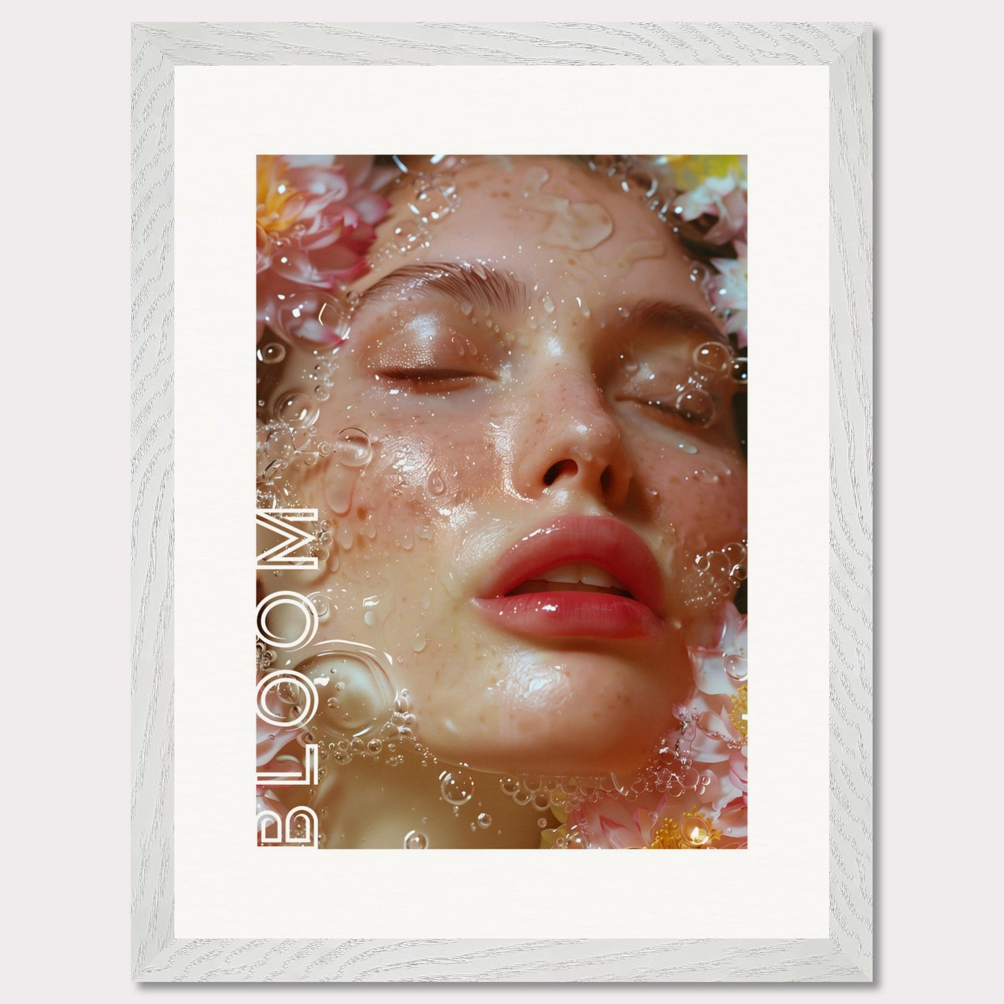 This illustration features a close-up of a serene face with closed eyes, surrounded by water droplets and flowers. The word "BLOOM" is prominently displayed along the left side.

Where this poster will fit: This poster would be ideal for a bedroom, living room, or beauty salon.