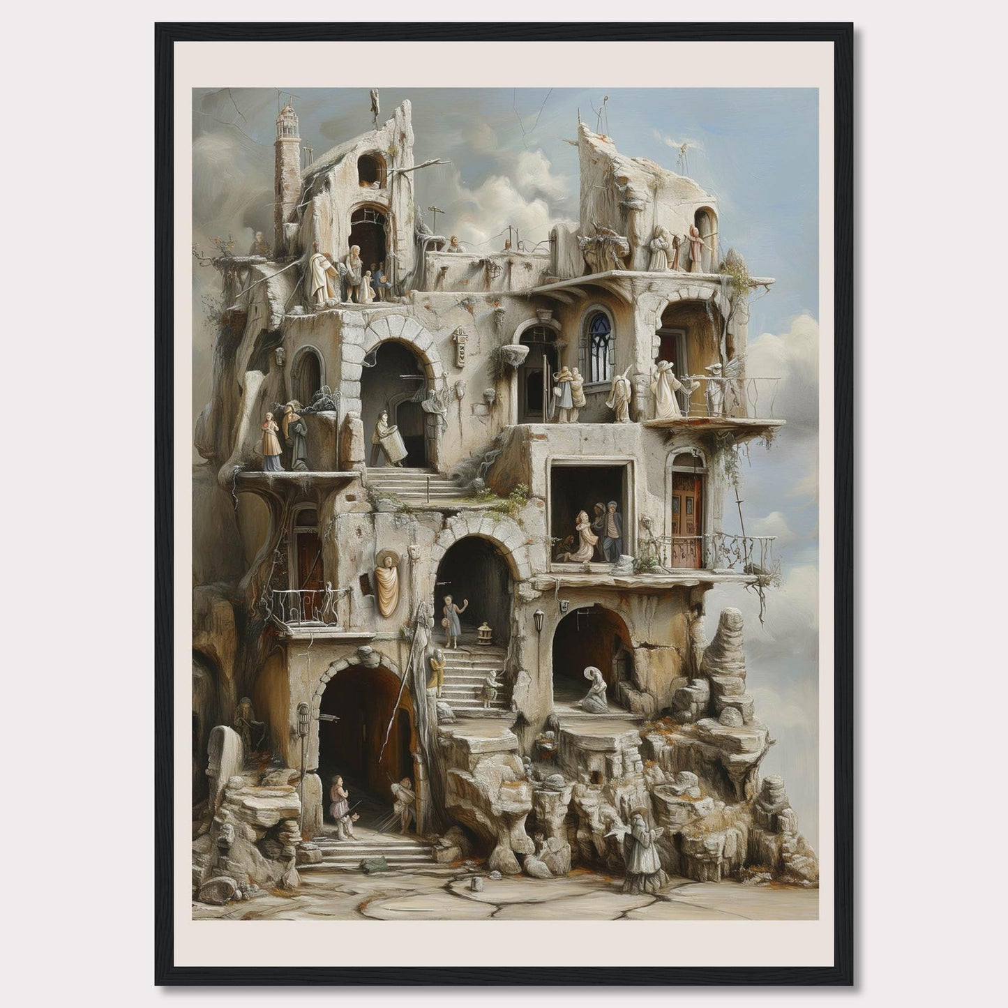 This captivating artwork portrays a surreal, multi-level structure with intricate details and numerous figures engaged in various activities. The scene exudes a sense of mystery and timelessness.