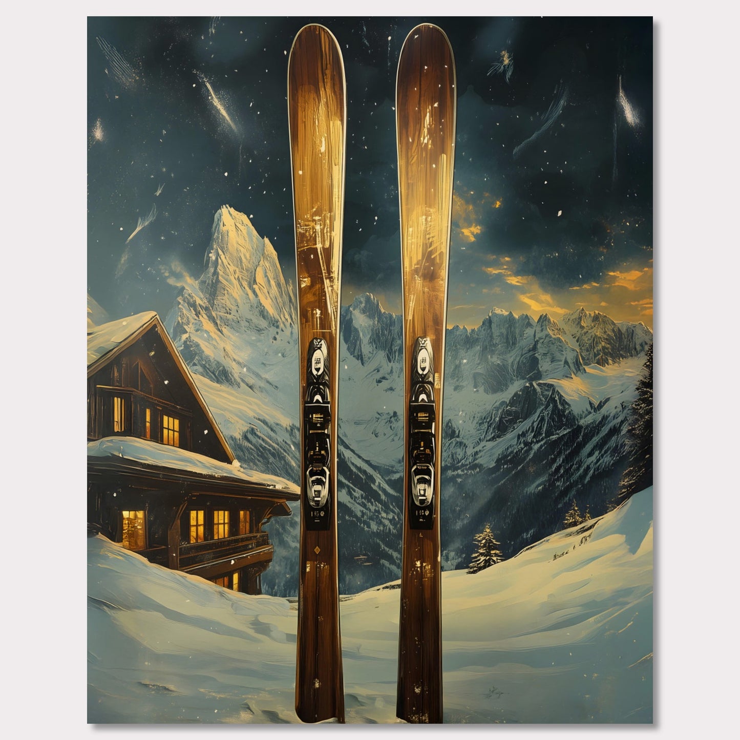 This dynamic poster showcases the exhilaration of a high-speed skiing adventure. Featuring a skier soaring off a powdery jump with a stunning panoramic view of rugged mountain ranges, it encapsulates the spirit of daring exploration and freedom. The vibrant energy of the scene is infectious.