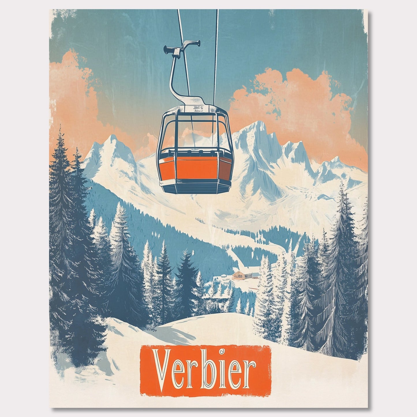 This picturesque retro-inspired poster showcases a vibrant orange gondola gracefully ascending the snowy mountainside of Verbier. The tranquil beauty of the landscape is captured with soft pastel tones in the sky, complemented by the rugged peaks in the distance. The modern gondola stands in contrast to the pristine, snow-covered trees, evoking a sense of peaceful adventure and the journey to the mountain’s summit. The vintage art style enhances the nostalgic vibe of alpine exploration.