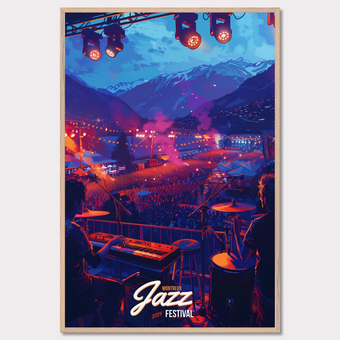 Experience the magic of the Montreux Jazz Festival 2024! This vibrant poster captures the essence of a live performance with a stunning mountain backdrop, colorful stage lights, and an enthusiastic crowd. Feel the rhythm, join the celebration, and be part of this unforgettable musical journey!