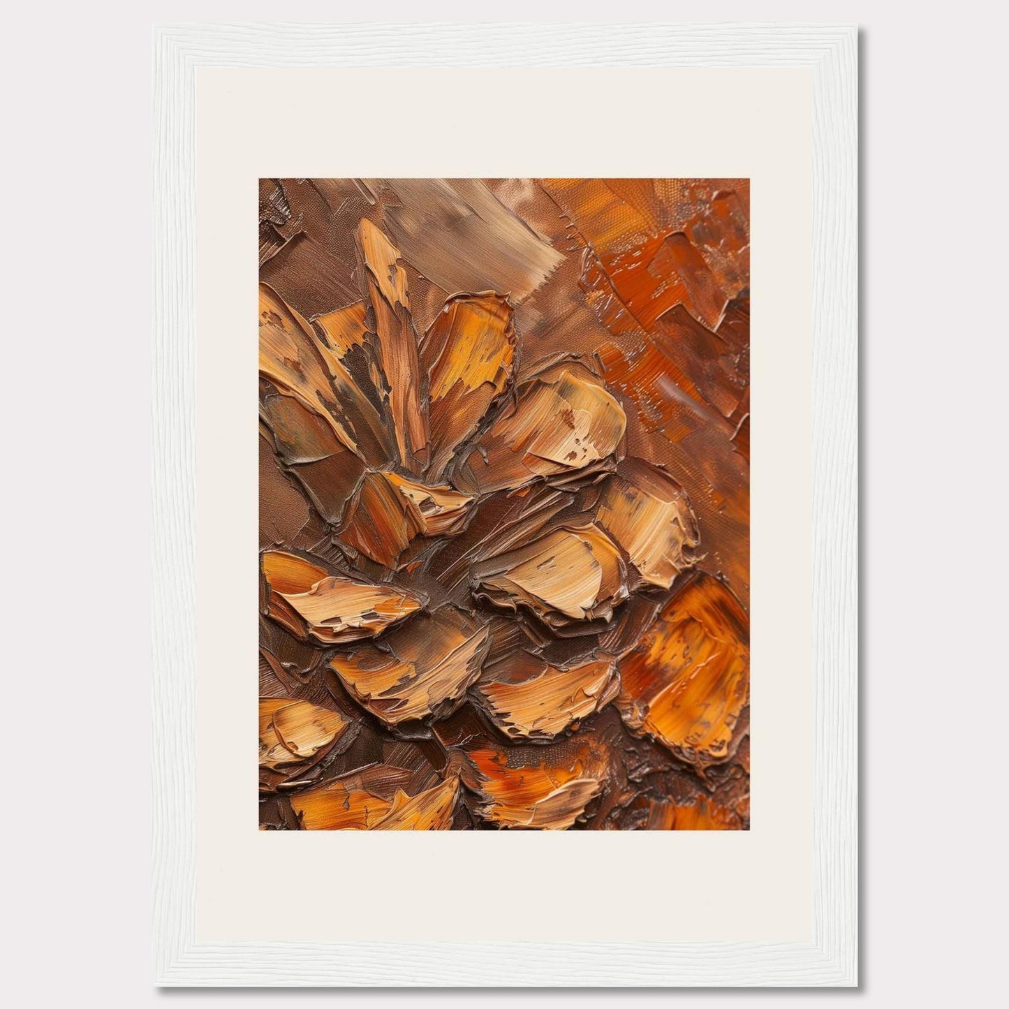 This image showcases a textured painting of a pine cone, rendered in rich, earthy tones. The thick, impasto technique gives the artwork a three-dimensional feel, making the pine cone appear almost lifelike. The painting is framed in a sleek black frame with a white matting that enhances its visual appeal.