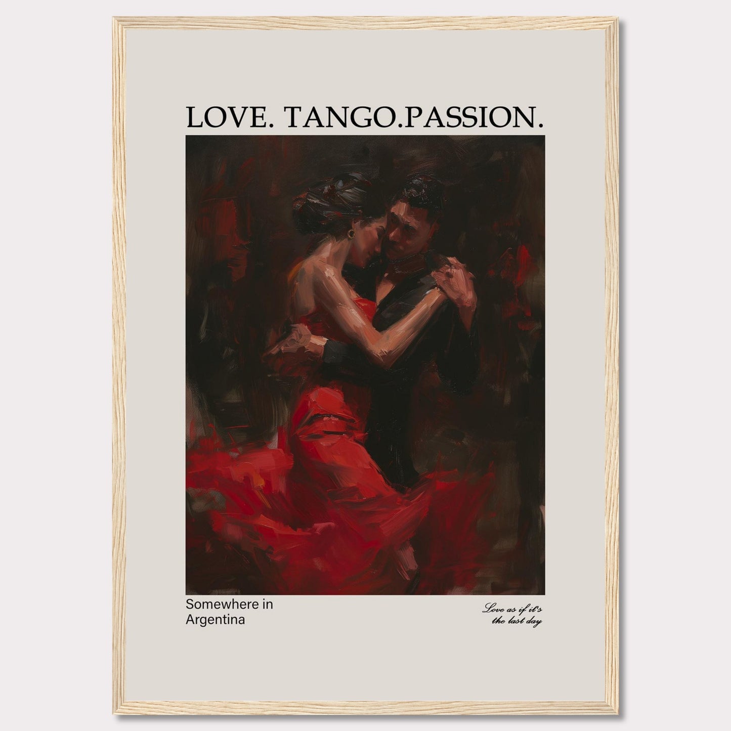 This captivating poster showcases a passionate tango dance between a couple, enveloped in deep red and black hues.