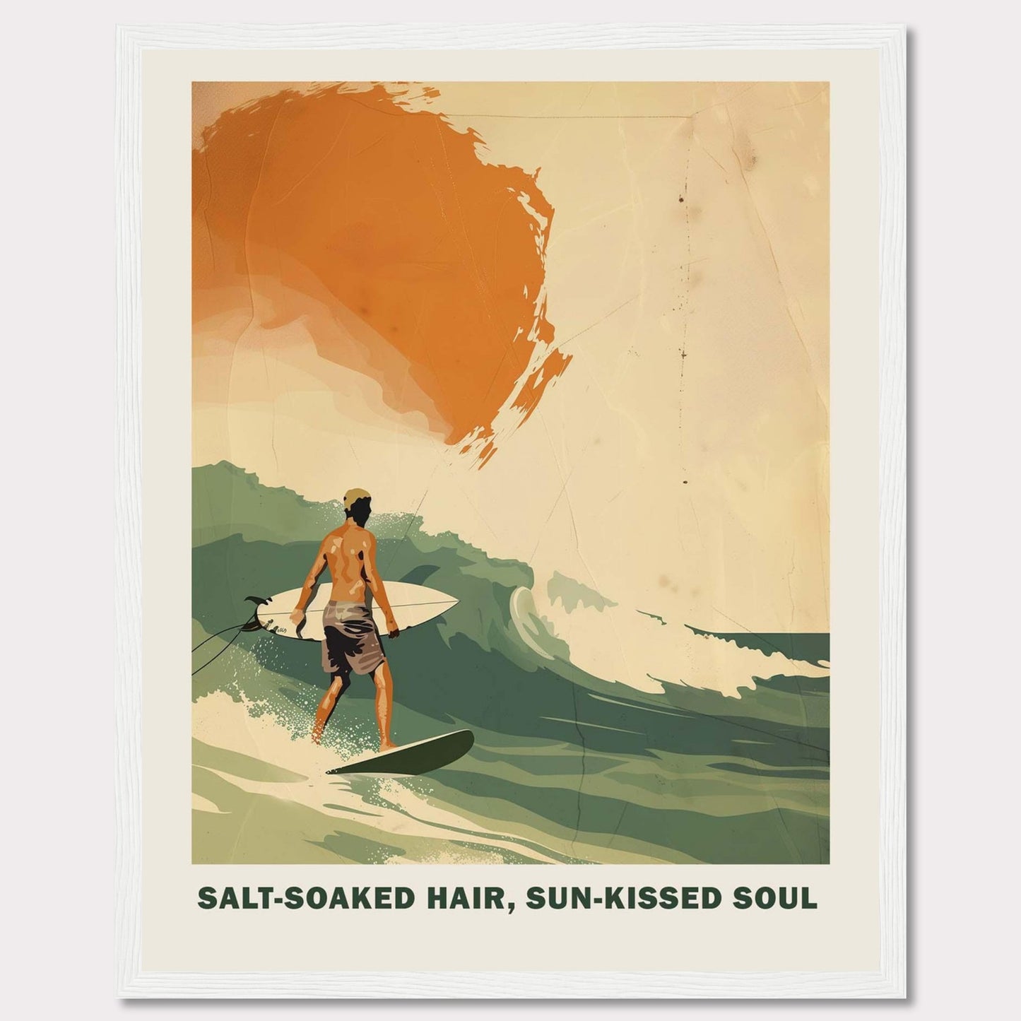 This vibrant poster showcases a surfer riding a wave with the sun setting in the background. 