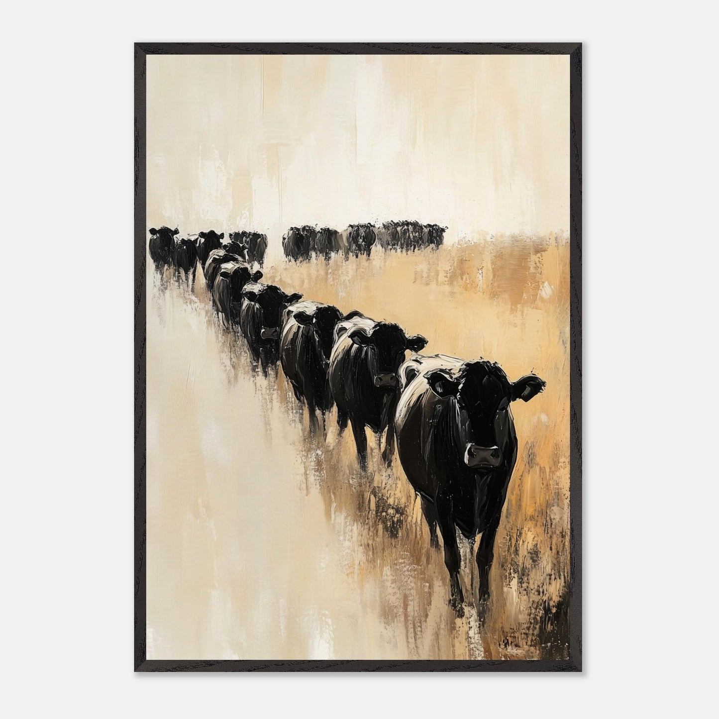 This captivating artwork portrays a herd of black cows walking in a line across a serene, golden field. The abstract brush strokes and muted color palette evoke a sense of calm and tranquility.