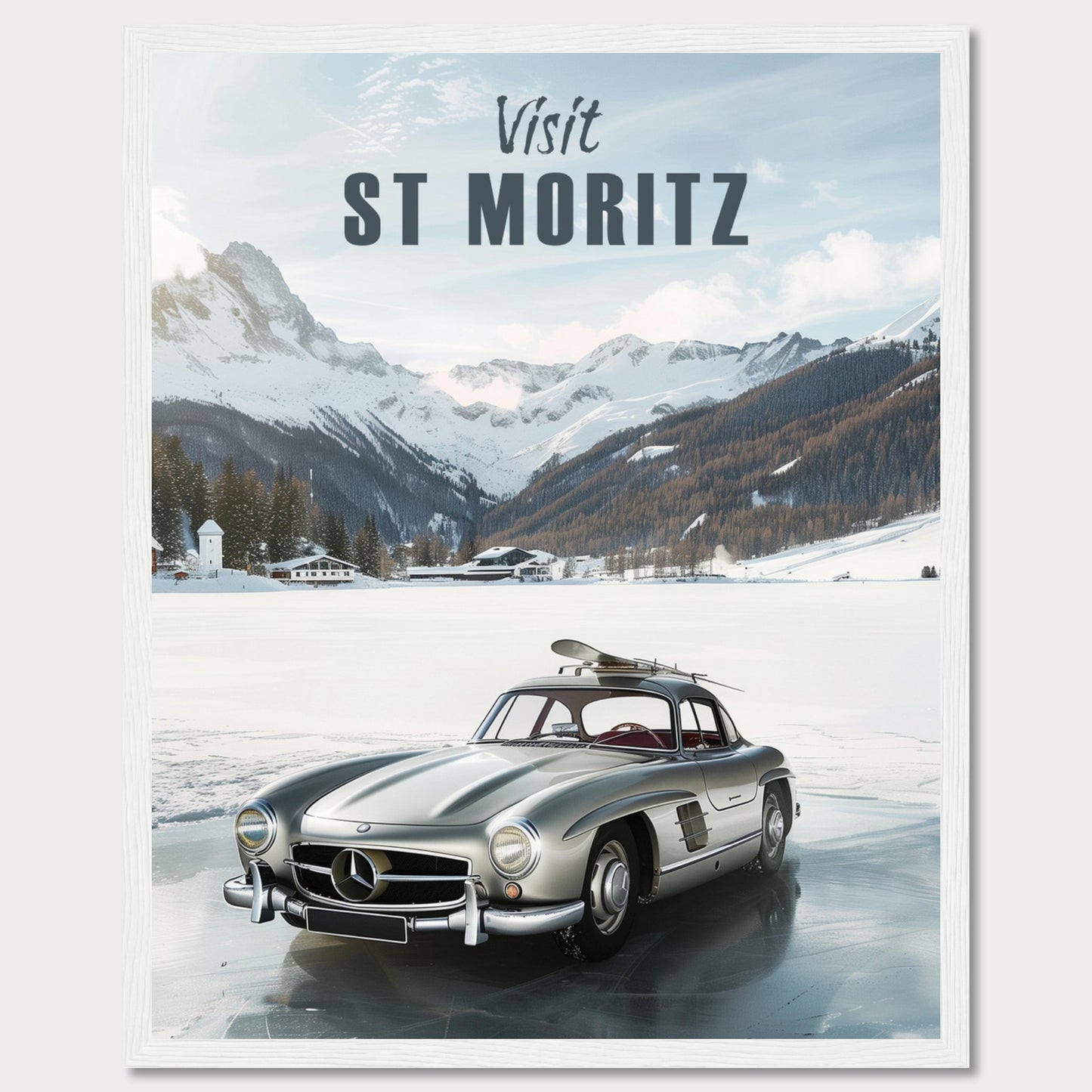 Discover the breathtaking beauty of St. Moritz with this stunning poster. Featuring a classic silver car parked on a frozen lake, surrounded by majestic snow-capped mountains and cozy alpine chalets.