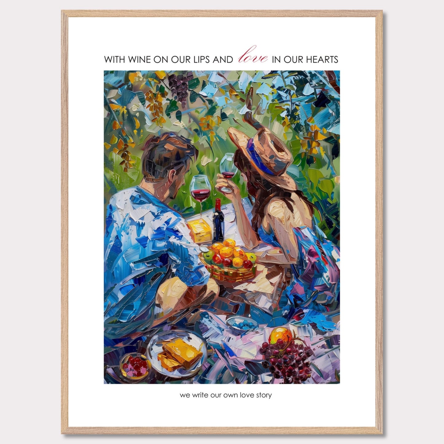 Couple on a summer picnic - Poster with a wooden frame