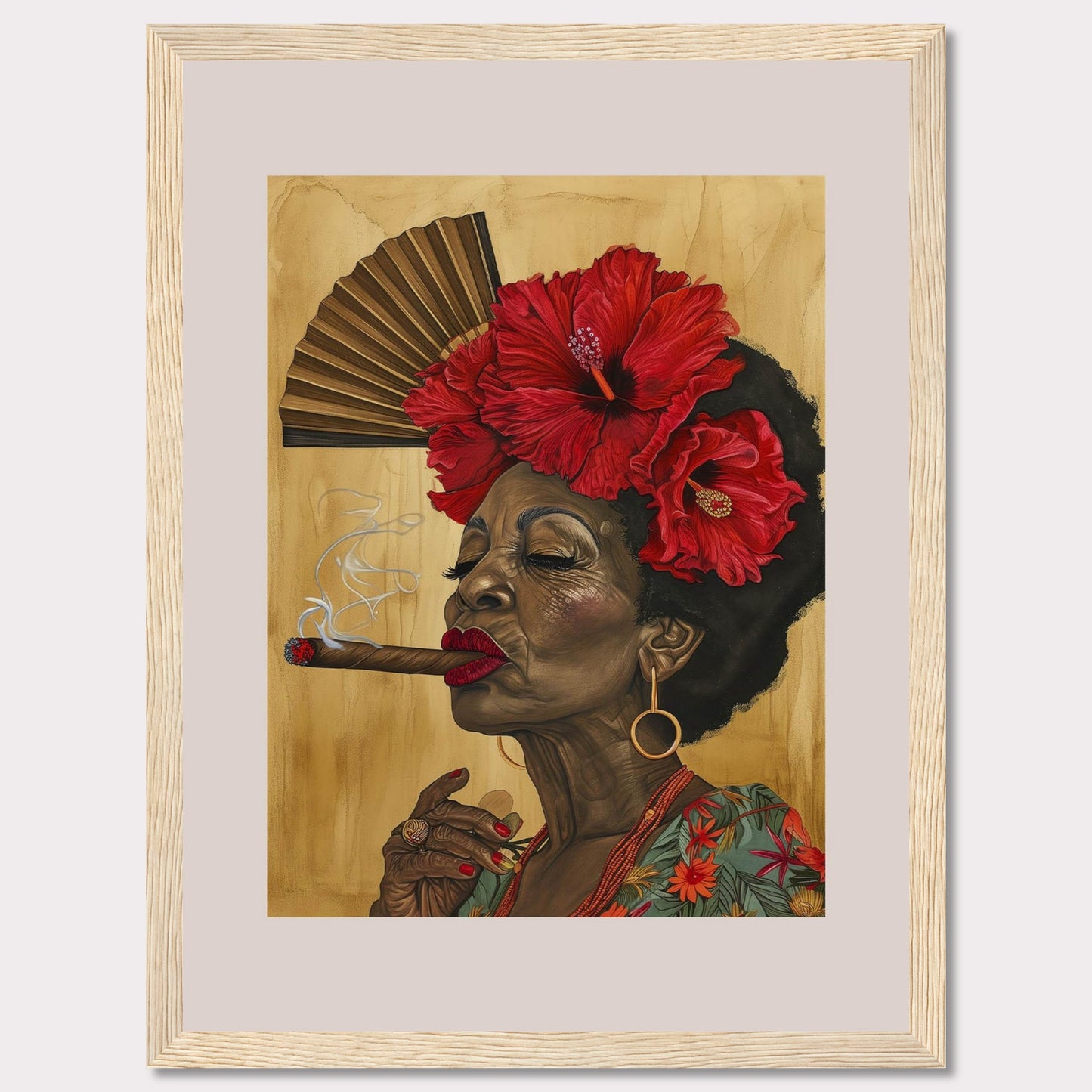 This captivating artwork features a dignified elderly woman smoking a cigar, adorned with vibrant red hibiscus flowers in her hair. Behind her, a traditional hand fan adds a touch of cultural elegance to the scene. The rich colors and intricate details bring out her character and grace.