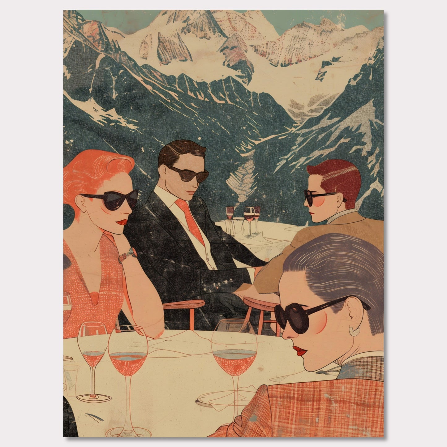 This captivating illustration depicts a stylish group of individuals enjoying a sophisticated gathering with a stunning mountain backdrop.  Four people wearing sunglasses Elegant attire Wine glasses on the table Snow-capped mountains in the background Serene outdoor setting