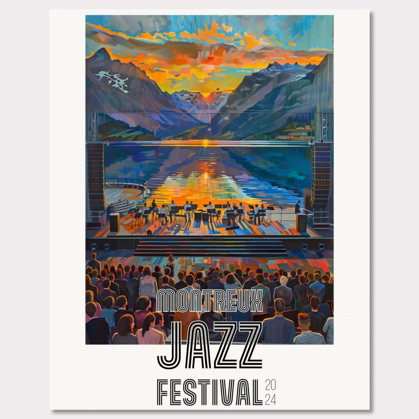 This vibrant poster showcases the Montreux Jazz Festival 2024. The image captures a stunning sunset over a serene lake surrounded by mountains, with a jazz band performing on an outdoor stage. The audience is depicted enjoying the music, creating a lively and engaging atmosphere.