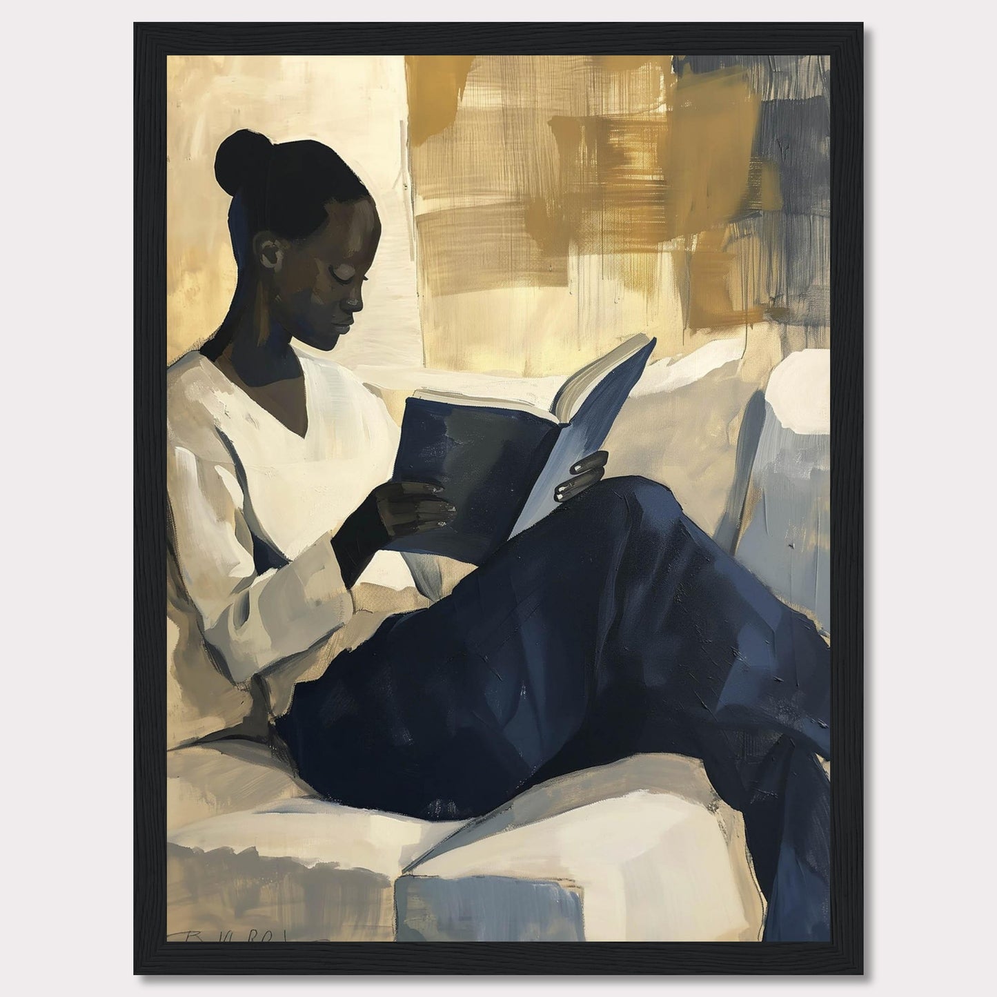 This painting captures a serene moment of a woman deeply engrossed in a book. The artwork uses a muted color palette with shades of beige, blue, and gold, creating a calm and contemplative atmosphere.