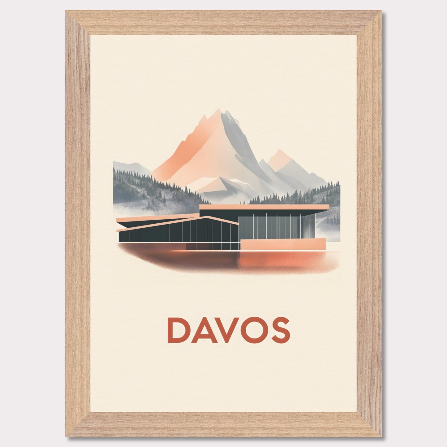 A refined travel poster showcasing Davos' modern architecture against breathtaking alpine peaks. The sleek lines of the building contrast harmoniously with the rugged mountains, embodying the balance between innovation and nature.