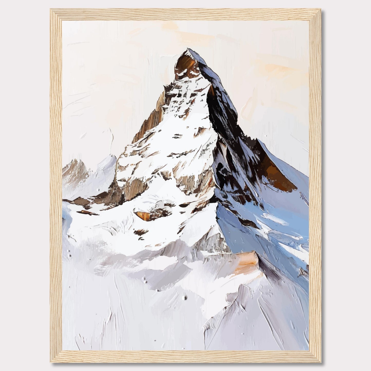 This image showcases a striking painting of a snow-covered mountain peak, likely inspired by the majestic Matterhorn. The artwork features bold brush strokes and a mix of white, brown, and blue hues, capturing the rugged beauty of the alpine landscape.