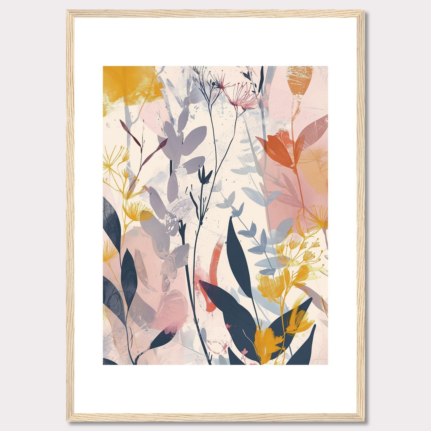 This image showcases a beautiful abstract botanical art print. It features a blend of soft and vibrant colors, depicting various plant forms and leaves.