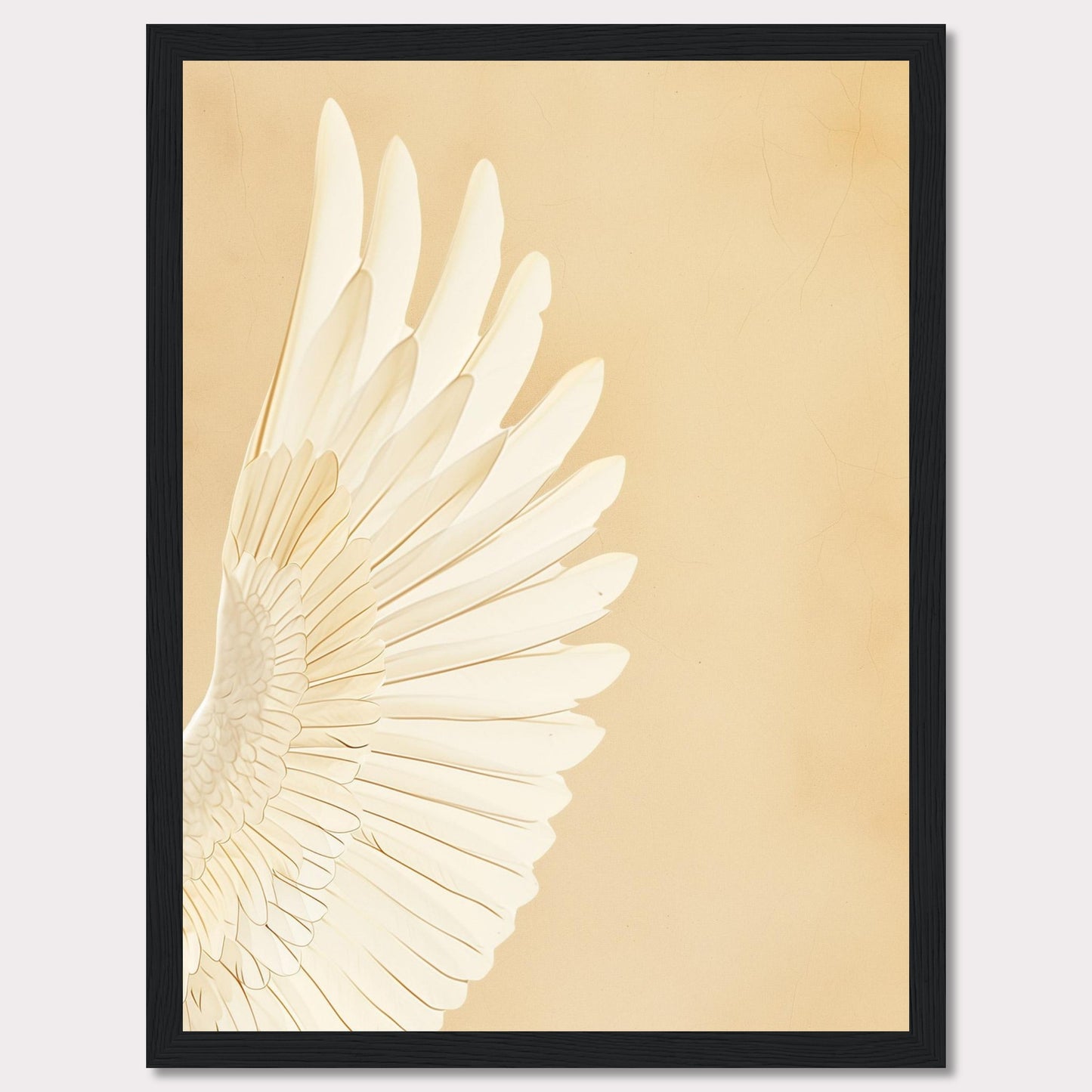 This elegant wall art features a detailed depiction of a white feathered wing against a soft beige background. The minimalist design and neutral tones make it a versatile piece for any room.