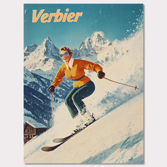 This vibrant retro poster captures the thrilling energy of skiing in Verbier, featuring a skier in a bright orange jacket racing down the slopes. The bright, clear sky contrasts beautifully with the snow-covered terrain and rugged mountain backdrop. The skier’s joyful expression, paired with the iconic Verbier mountains, evokes the excitement and adventure of alpine skiing. The vintage art style adds a timeless touch, bringing out the spirit of winter sports.