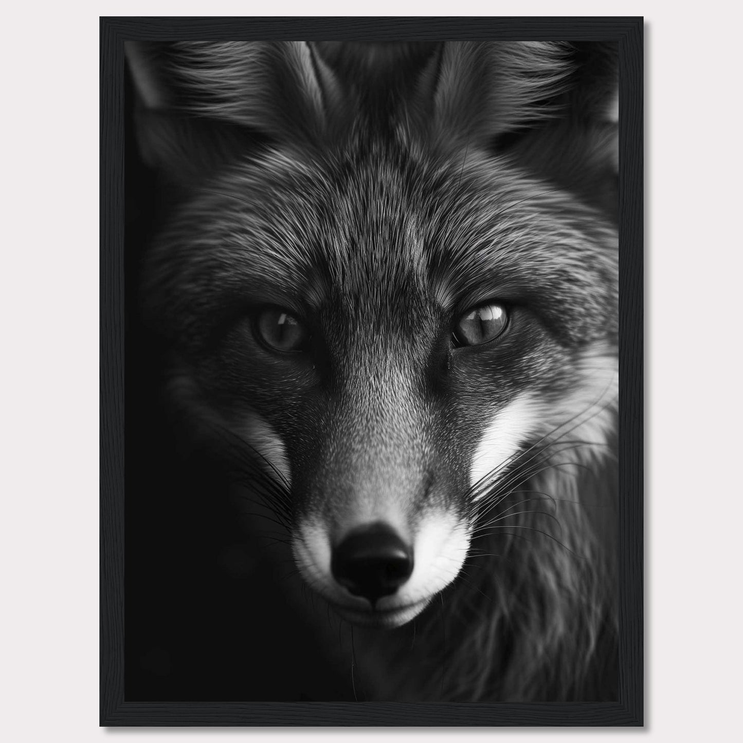 This striking black and white portrait captures the intense gaze of a fox, showcasing its majestic and enigmatic beauty. The detailed fur texture and sharp eyes draw you into the wild essence of this captivating creature.