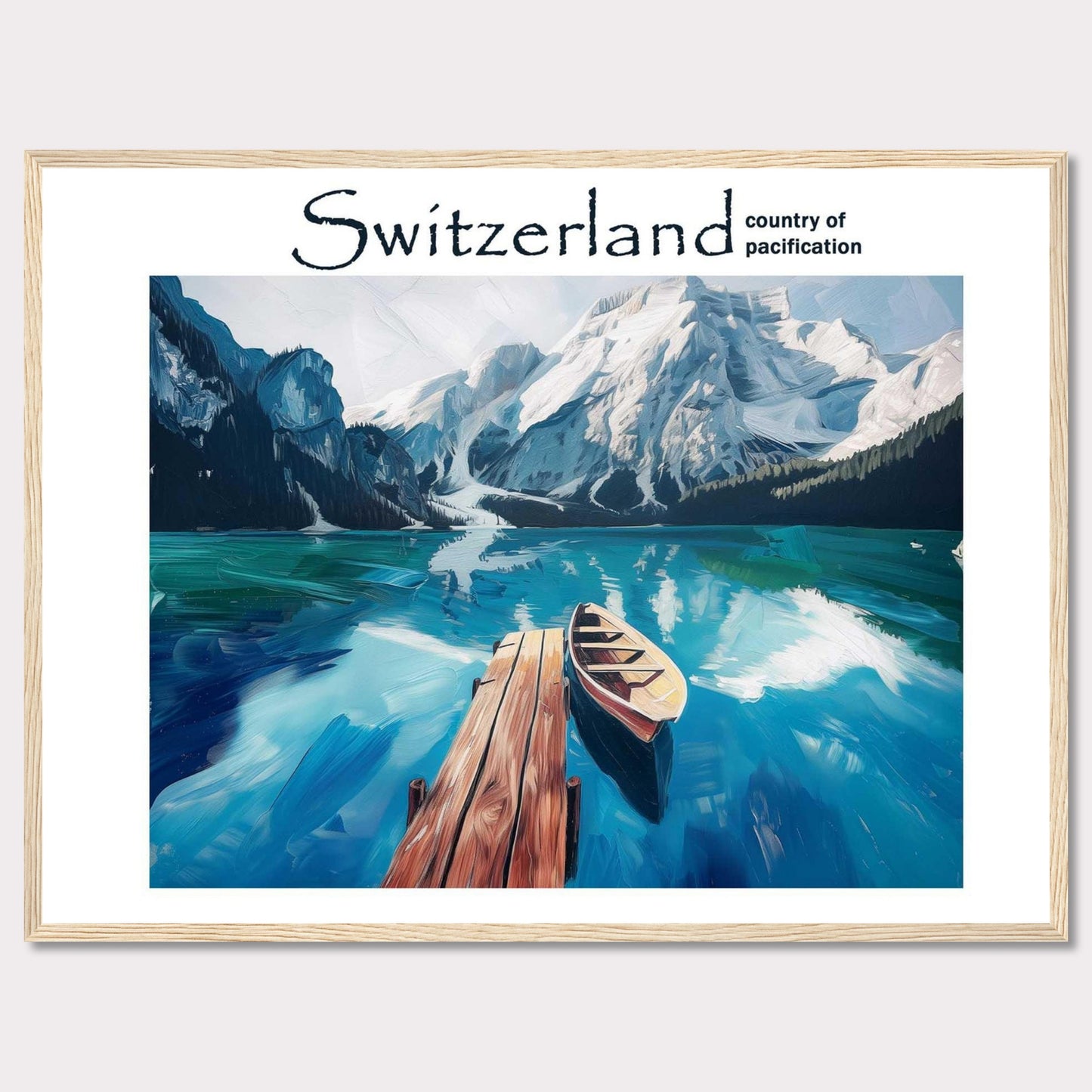 This image showcases a serene lake in Switzerland, surrounded by majestic snow-capped mountains. A wooden dock extends into the calm, reflective waters, where a lone boat is moored. The scene is tranquil and inviting, epitomizing the peacefulness of the Swiss landscape.