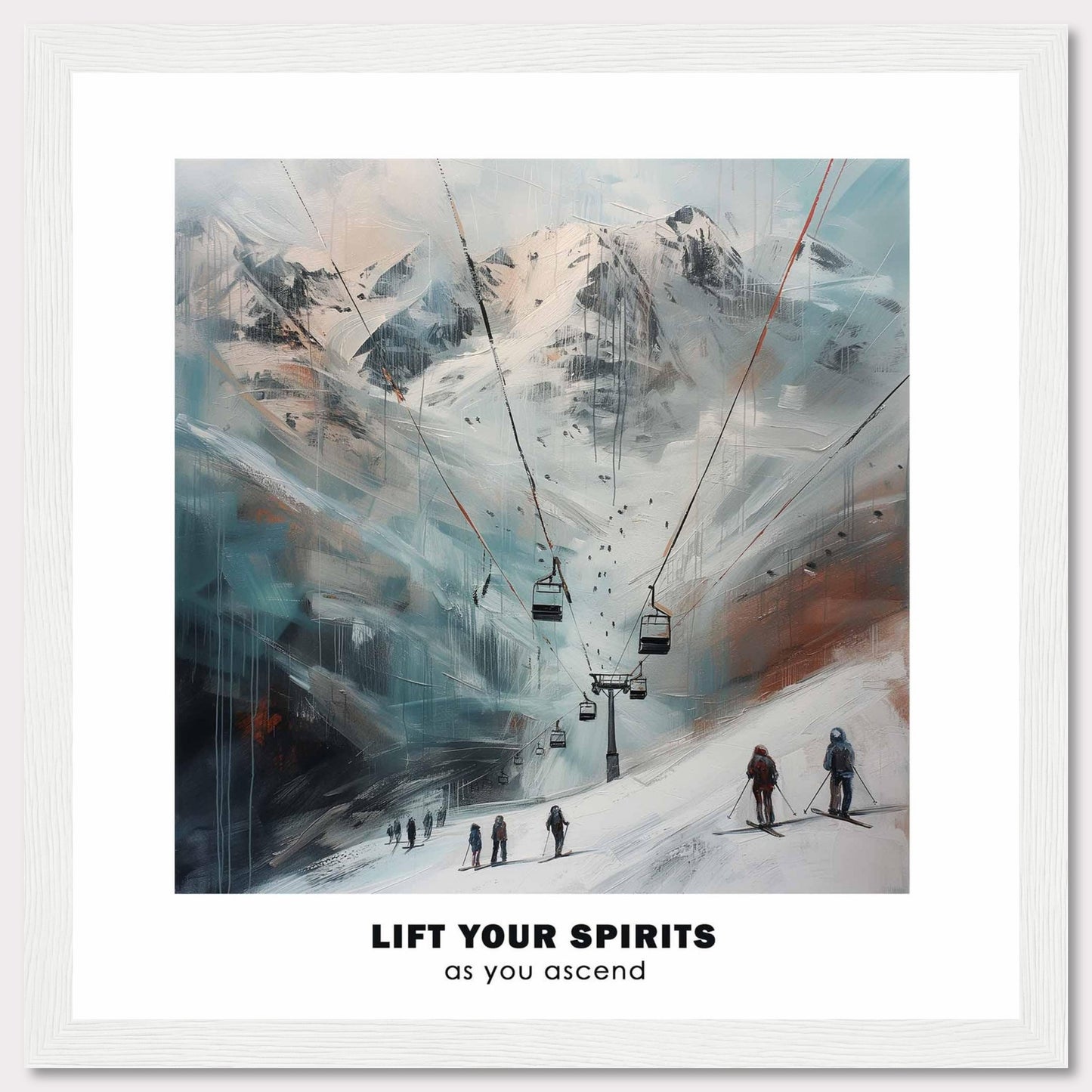 This image showcases a serene mountain landscape with ski lifts ascending towards snowy peaks. The scene features skiers at the base, ready to embark on their journey up the slopes.