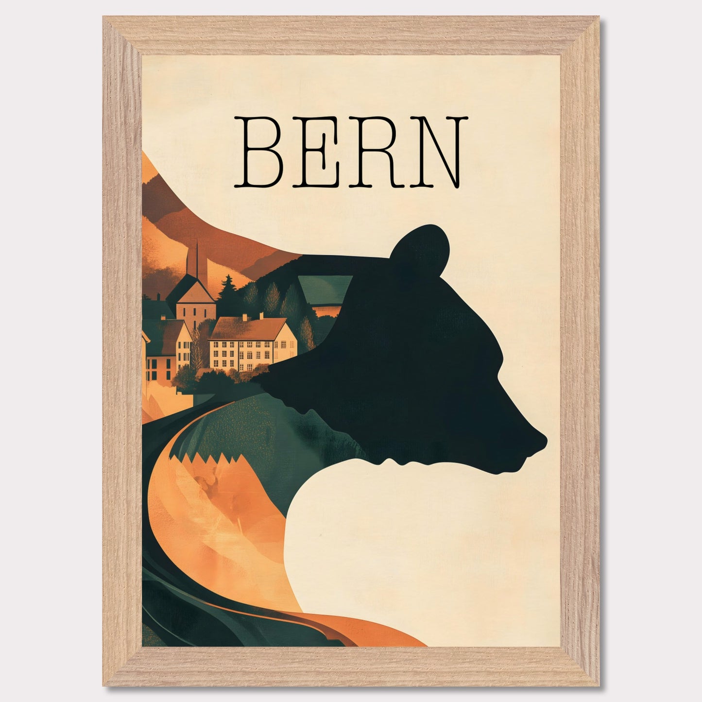 This minimalist travel poster captures the essence of Bern, Switzerland, with a flowing river winding through the city's historic heart. The design highlights the city's iconic medieval architecture, framed by the serene natural surroundings. The soft, muted tones evoke a sense of nostalgia and tranquility, making it a perfect representation of Bern’s timeless beauty.