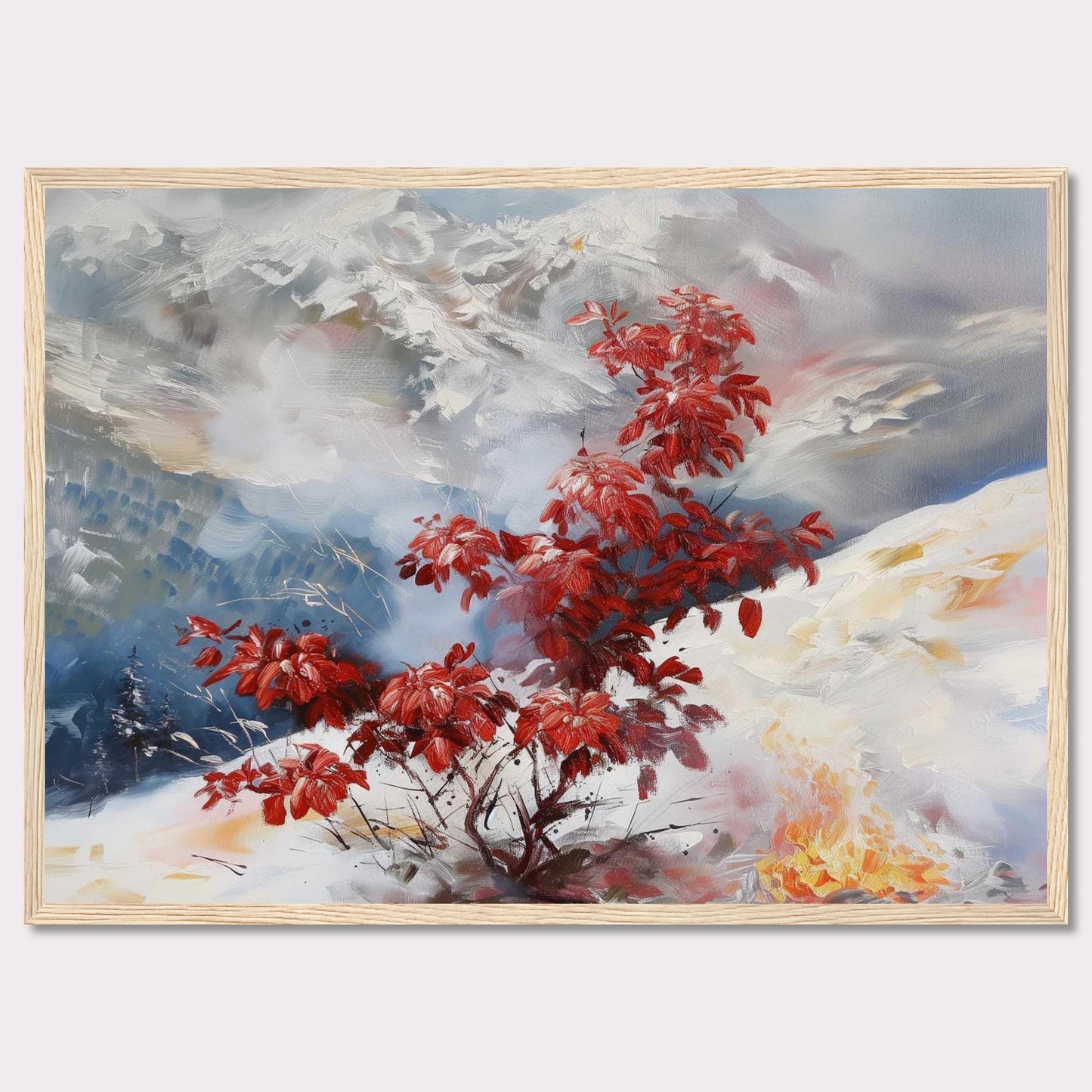 This captivating painting features a vibrant red bush standing out against a serene, snowy landscape. The background showcases majestic mountains partially obscured by mist, adding depth and mystery to the scene. The contrast between the fiery red leaves and the cool, muted tones of the snow and sky creates a striking visual effect.