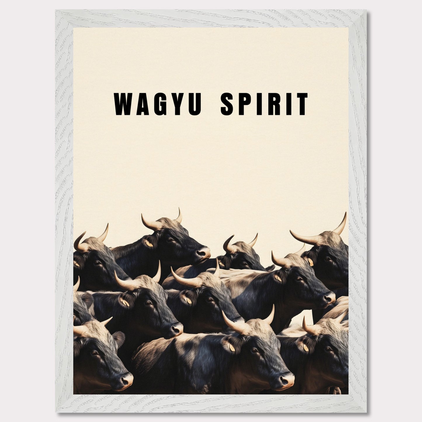 This illustration shows a group of black cattle with horns, set against a light background. The text "WAGYU SPIRIT" is prominently displayed at the top.

This poster will fit well in a kitchen, dining area, restaurant, or any space related to food and culinary arts.