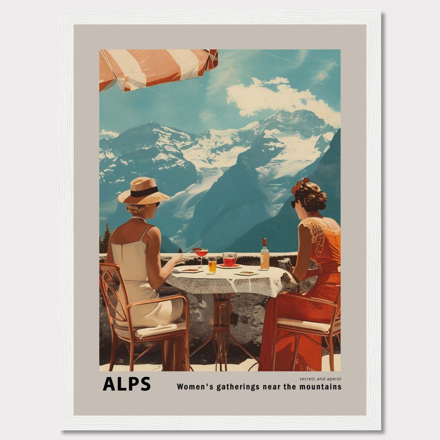 A beautiful vintage-style poster depicting two women enjoying a drink at a table with a stunning view of the Alps mountains in the background.