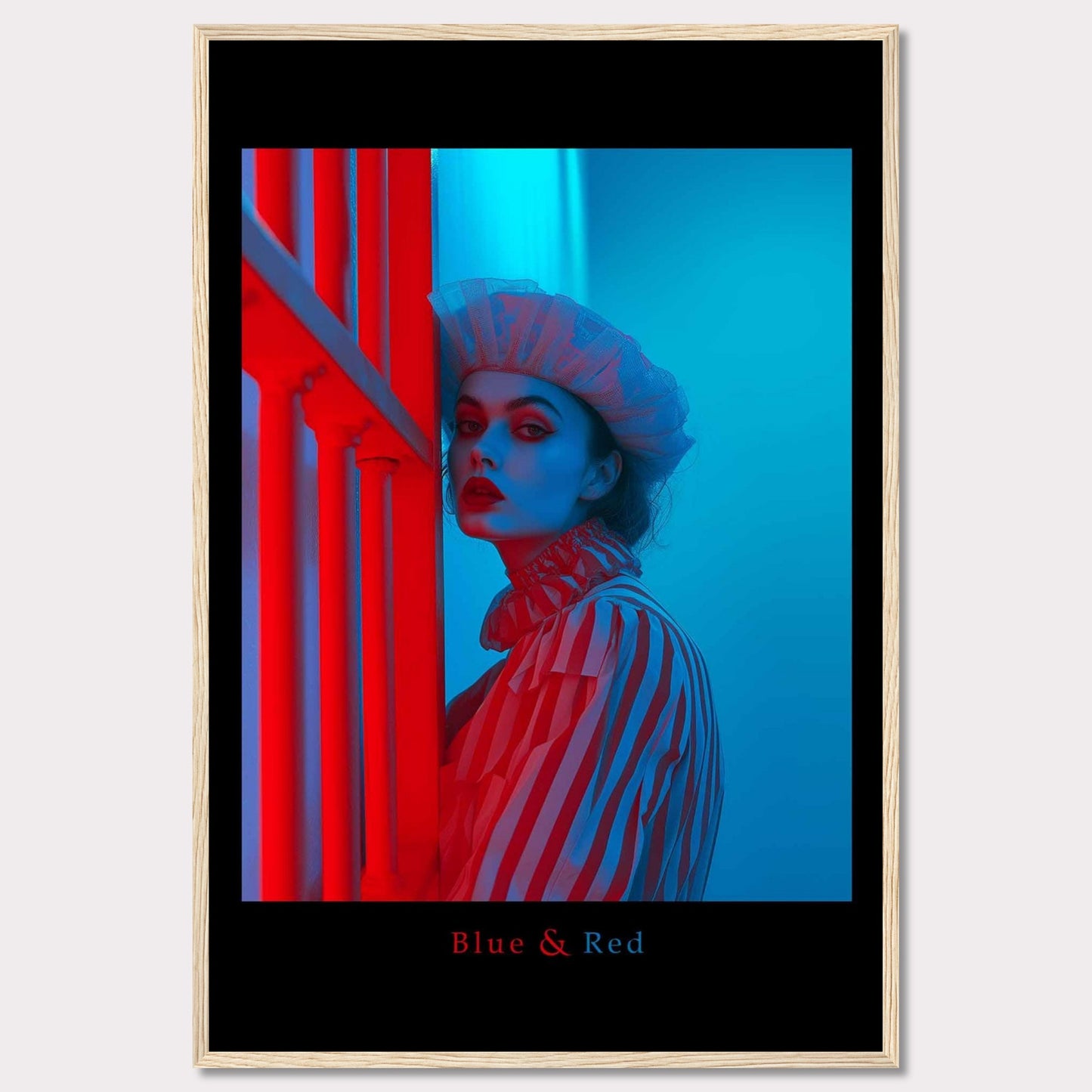 This striking poster features a dramatic portrait of a woman illuminated in contrasting blue and red lighting. The subject is dressed in a striped outfit and a sheer headpiece, creating a bold and artistic visual effect.