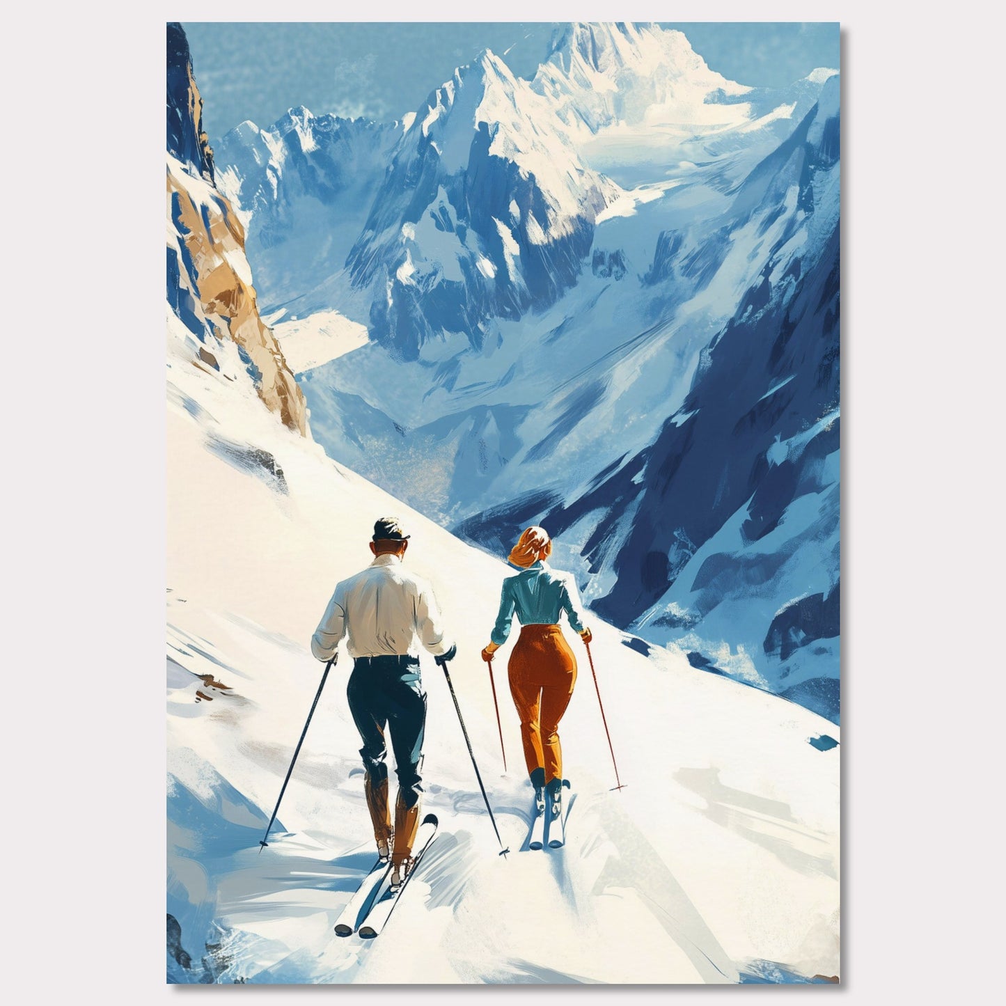 This retro poster captures the elegance and adventure of alpine skiing in Switzerland, circa 1960. Two fashionable skiers glide down the pristine snow with majestic mountains towering in the background. The vibrant colors of their outfits contrast beautifully against the white landscape, while the bold lettering emphasizes the stylish allure of alpine sports.