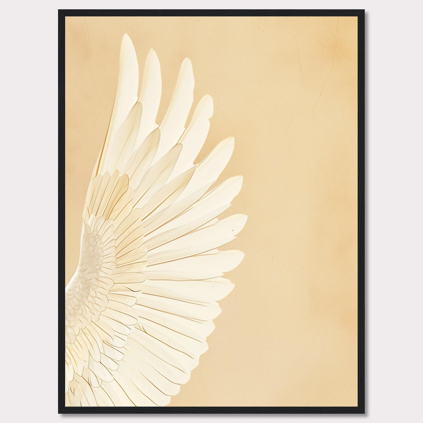 This elegant wall art features a detailed depiction of a white feathered wing against a soft beige background. The minimalist design and neutral tones make it a versatile piece for any room.