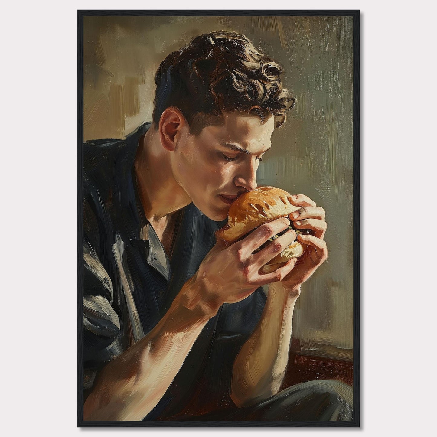 This captivating painting depicts a young man deeply savoring the aroma of a freshly made burger. The rich, detailed brushstrokes highlight the intensity of the moment, capturing a sense of appreciation and contentment.