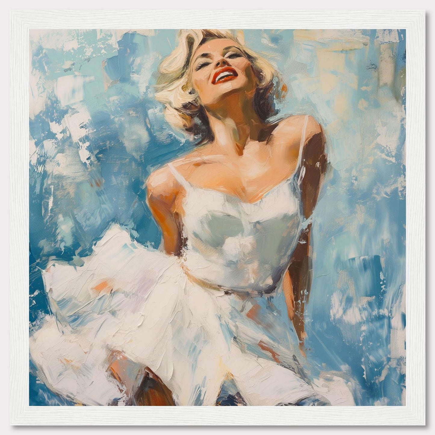 This vibrant painting captures the essence of joy and elegance, featuring a woman in a flowing white dress against a dynamic blue background. The bold brushstrokes and vivid colors evoke a sense of movement and freedom.