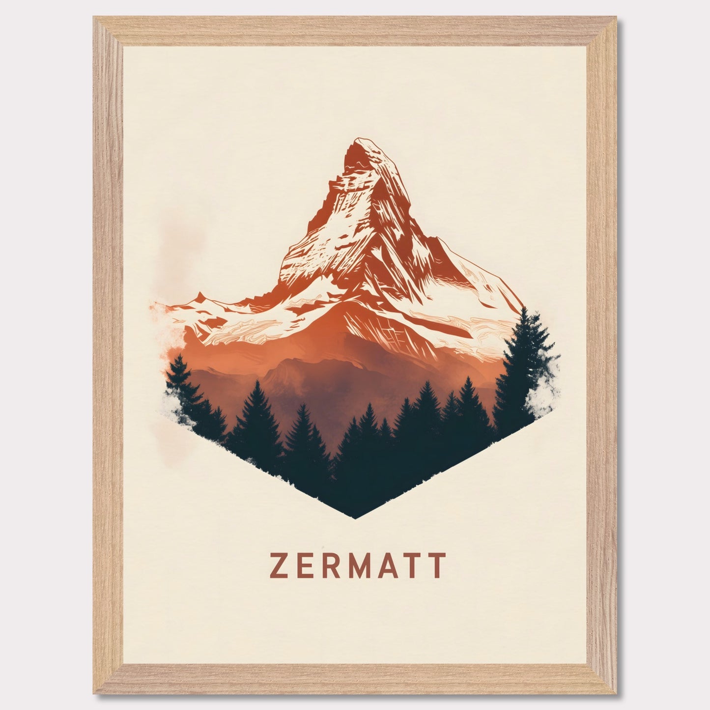 A scenic poster showcasing the breathtaking beauty of Zermatt’s Matterhorn. The rich, painterly textures and natural color palette evoke the serene yet powerful presence of the Alps.