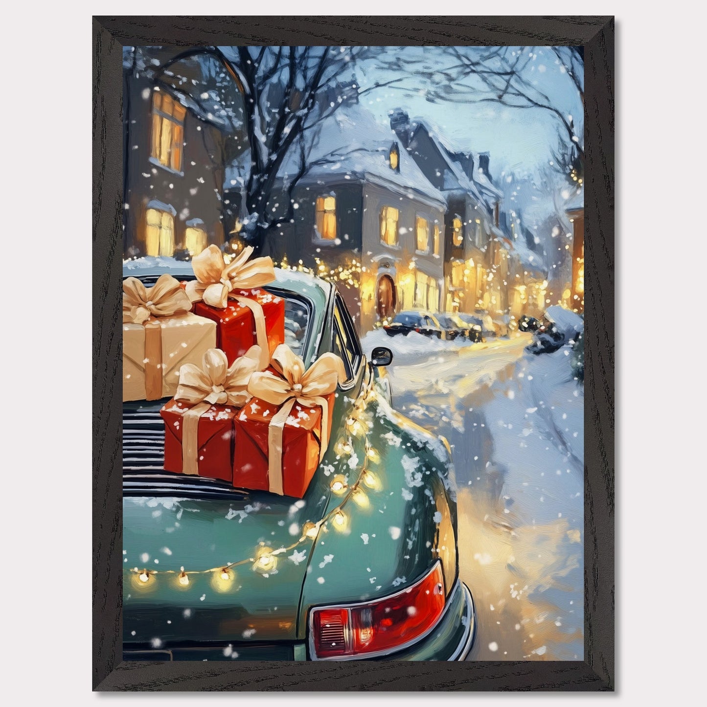 A cozy Christmas scene in Switzerland is captured in this enchanting poster. The focus is a beautiful Christmas tree adorned with lights, set in the heart of a charming town covered in snow. A Porsche, with festive gifts on the roof, adds a touch of luxury to this idyllic winter setting. The vintage typography "Christmas in Switzerland" evokes a sense of nostalgia and warmth, making it the perfect holiday decoration.