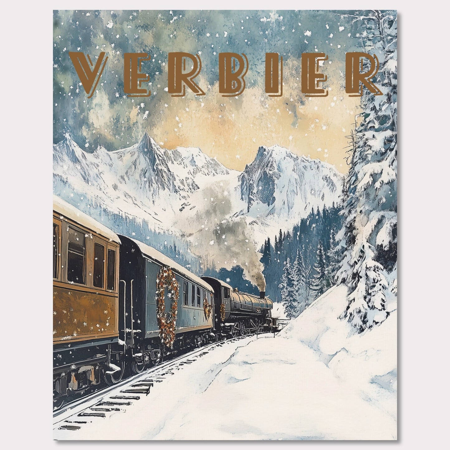 This enchanting winter poster showcases a vintage steam train winding through the snow-covered landscapes of Verbier. The train, adorned with festive wreaths, travels against a backdrop of majestic alpine peaks, tall evergreen trees, and a serene winter sky with softly falling snowflakes. The golden light filtering through the clouds adds a warm, nostalgic glow to the scene, evoking the magic of winter travel.