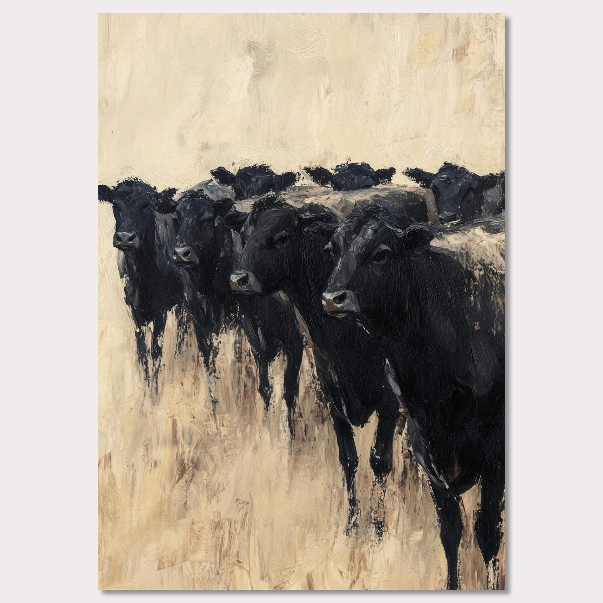 This captivating painting depicts a group of black cows standing together, evoking a sense of unity and strength. The textured brushstrokes and neutral background create a striking contrast, highlighting the animals' dark forms.