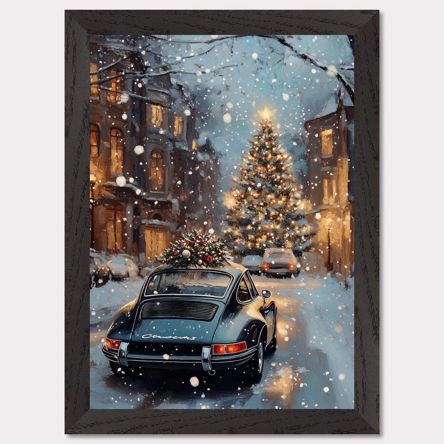 This enchanting poster portrays a snowy Swiss street with a beautifully adorned vintage car carrying a Christmas tree. The softly glowing lights and festive decorations create an atmosphere of joyous holiday anticipation. The combination of timeless cars and seasonal spirit brings a unique charm to this holiday scene.