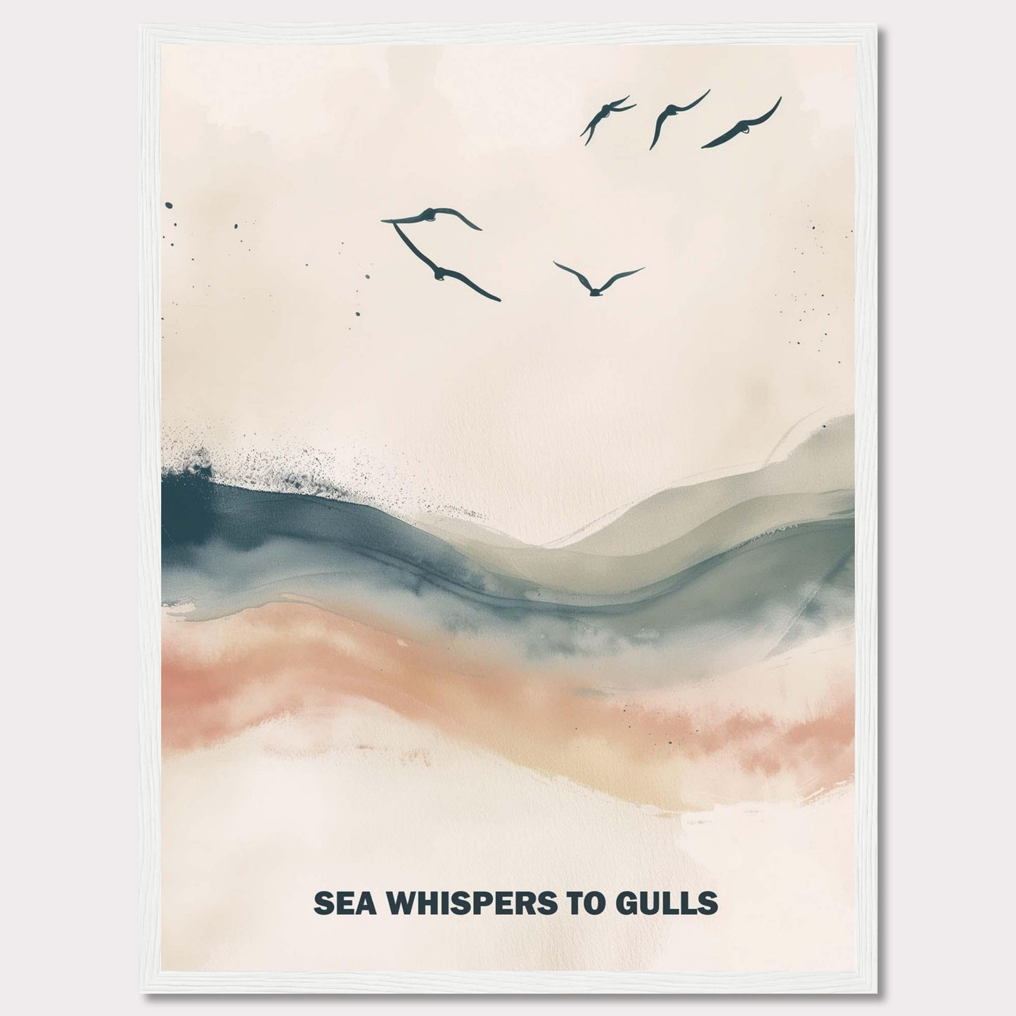 This serene artwork features a minimalist design with gentle waves and flying gulls. The soothing colors create a tranquil atmosphere, perfect for any space needing a touch of calm. The text "SEA WHISPERS TO GULLS" adds a poetic element to the piece.