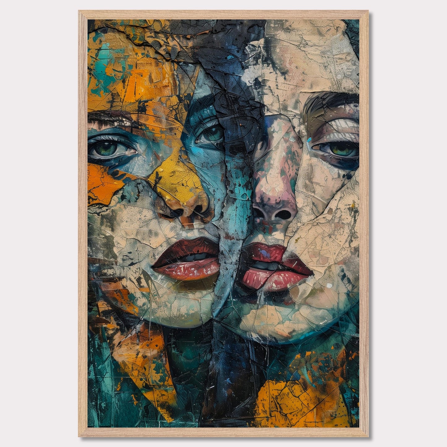 This captivating artwork features two intertwined, abstract faces with a rich blend of colors and textures. The painting exudes a sense of mystery and depth, drawing the viewer into its intricate details.