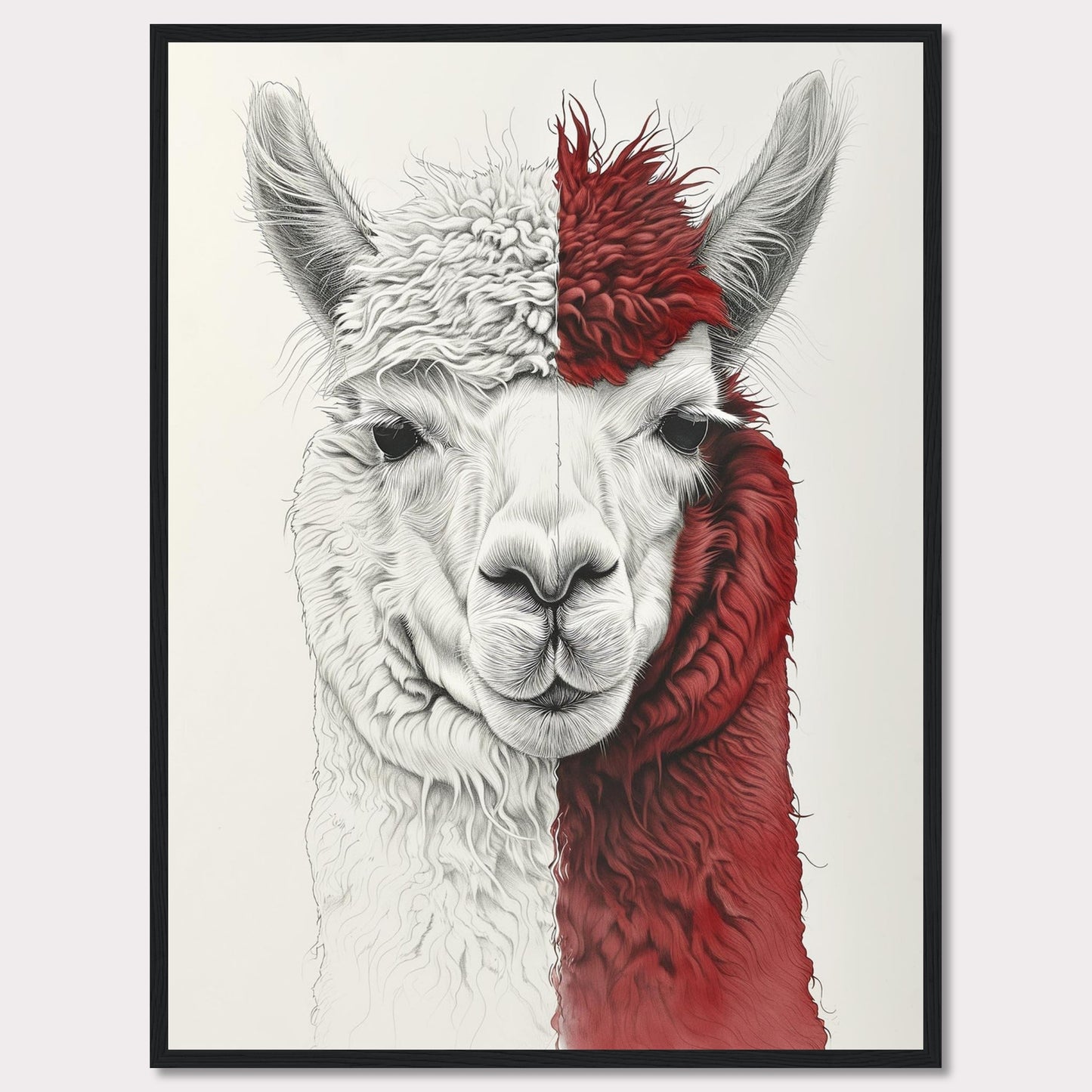 This striking artwork features a detailed illustration of an alpaca with a unique half-white, half-red fur pattern. The intricate lines and textures bring the alpaca's gentle expression to life, making it a captivating piece for any space.