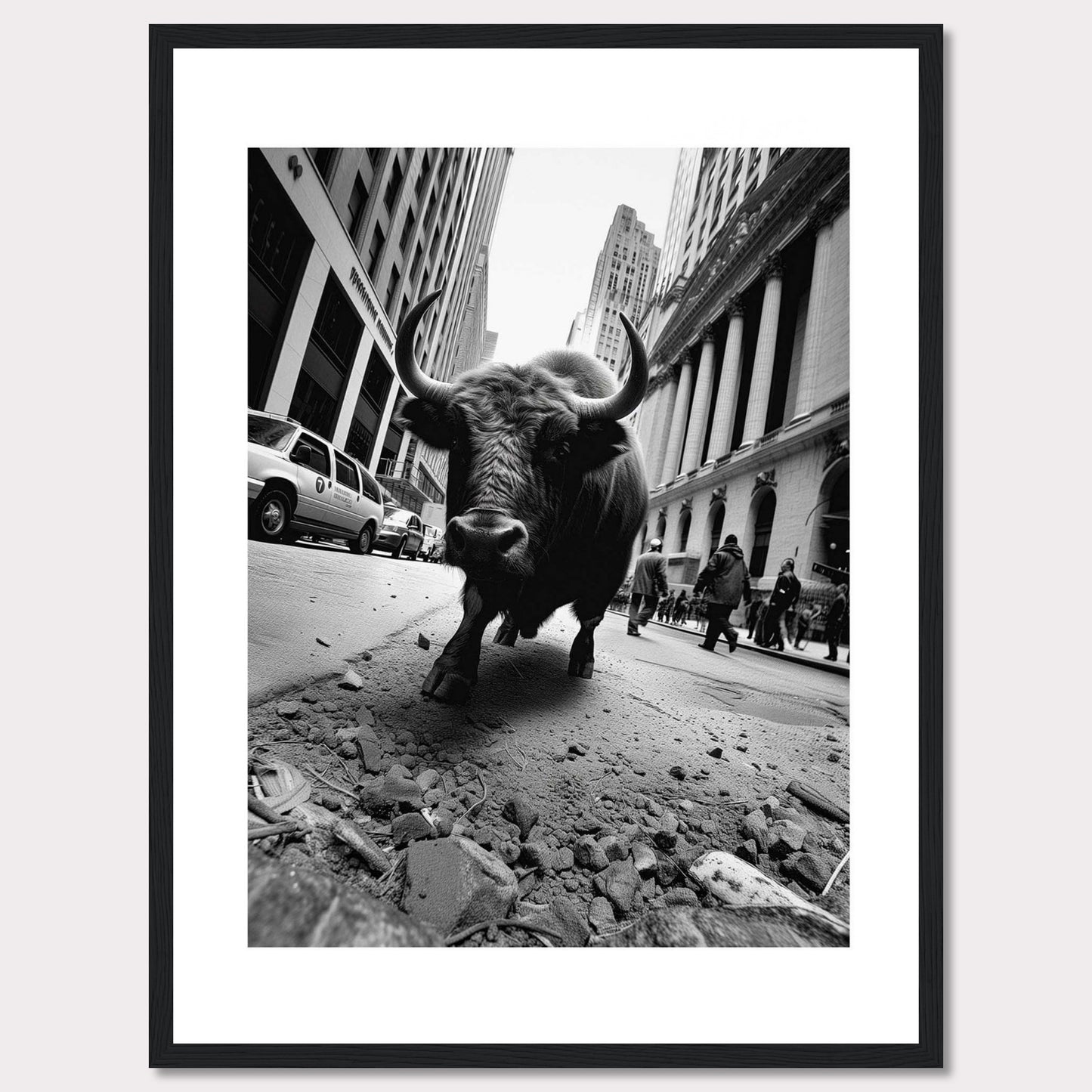 This striking black-and-white photograph captures a powerful bull striding confidently down a bustling city street. The image juxtaposes the raw strength of the bull against the backdrop of towering skyscrapers and busy pedestrians, creating a dramatic and thought-provoking scene.