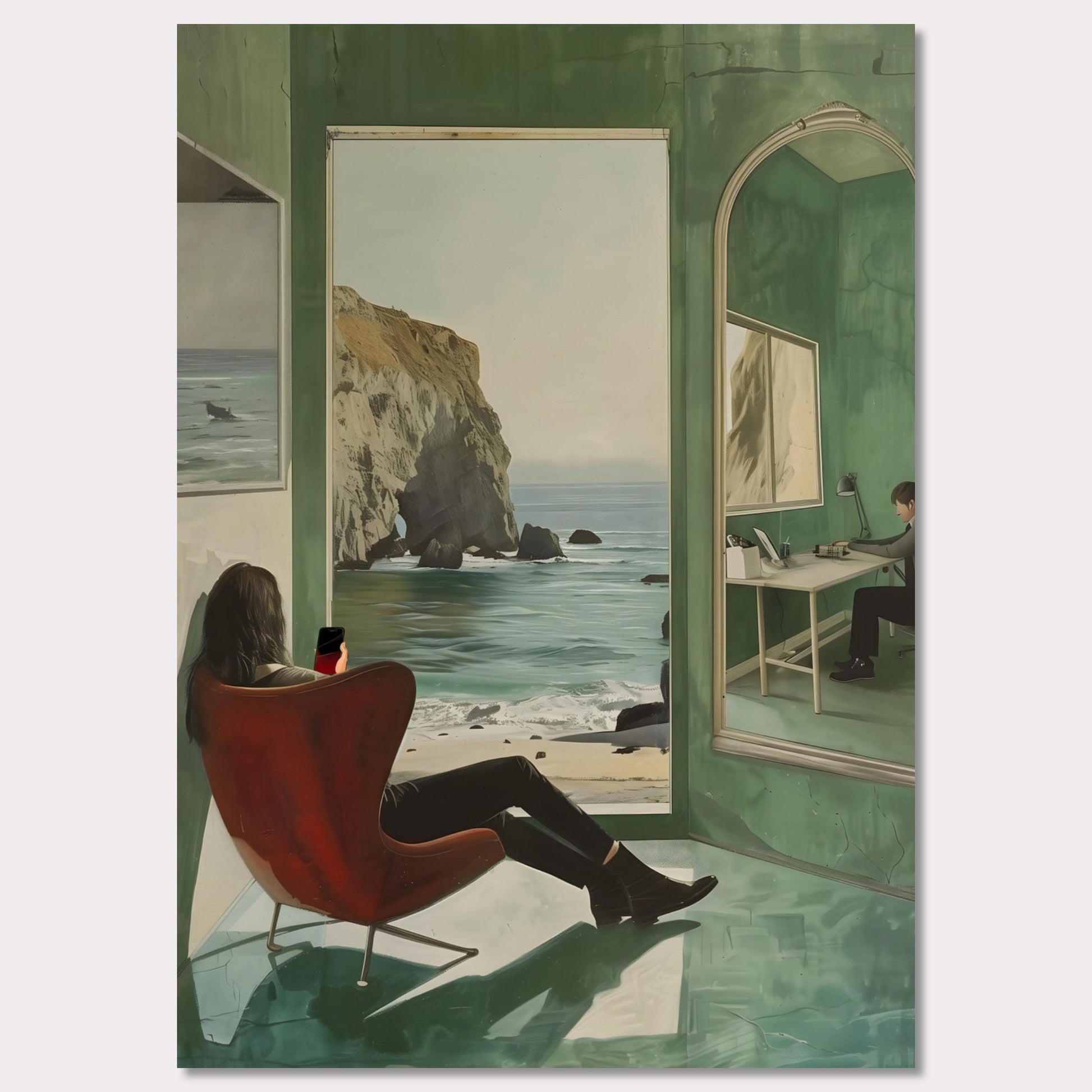 This captivating artwork depicts a serene coastal scene viewed from inside a room. A person is seated in a red chair, gazing out at the ocean through an open window. The reflection of another person working at a desk is visible in a large mirror on the right side. The room's green walls and floor create a calming ambiance, enhancing the peacefulness of the ocean view.