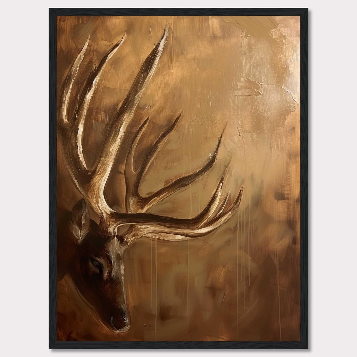 This captivating painting features a majestic deer with prominent antlers, set against a warm, earthy background. The artwork exudes a sense of tranquility and natural beauty, making it a perfect addition to any nature lover's collection.