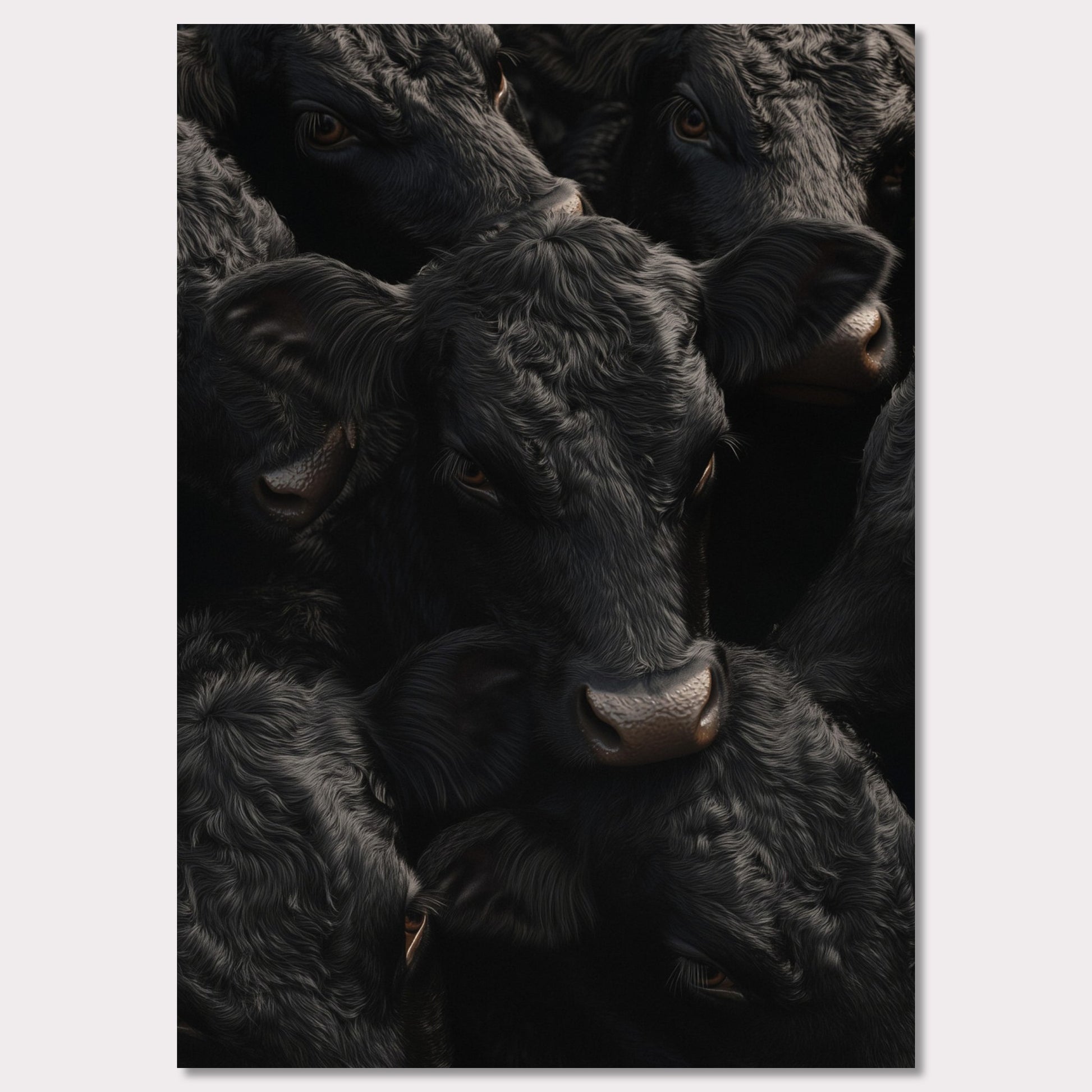 This captivating artwork features a close-up view of several black cows, their faces and textures intricately detailed. The image exudes a sense of unity and calmness among the animals.