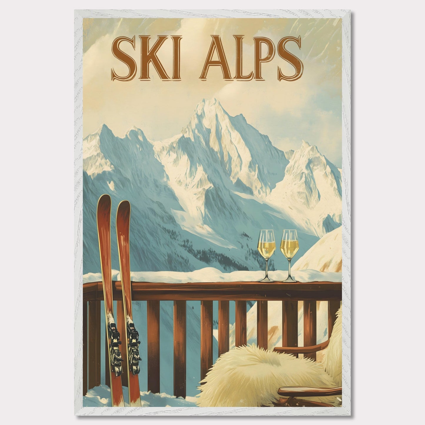 This soothing poster transports you to a tranquil alpine terrace with a breathtaking view of snow-covered peaks. A wooden chair draped in soft fur and paired with two glasses of sparkling wine sets the tone for a peaceful and intimate winter retreat.