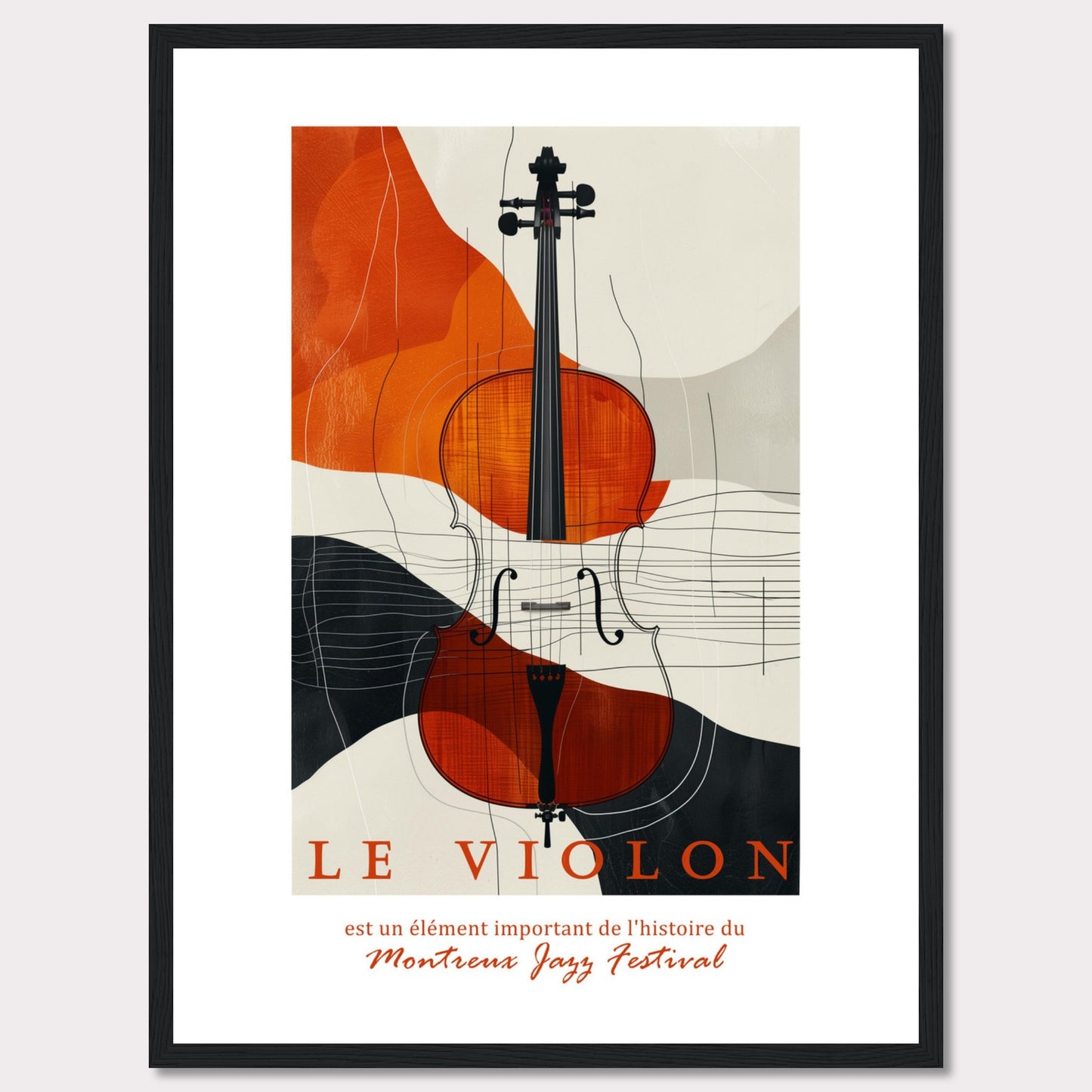 This image features a beautifully designed poster highlighting the importance of the violin in the history of the Montreux Jazz Festival. The central focus is a vibrant, artistic depiction of a violin set against an abstract background of orange, black, and beige shapes.